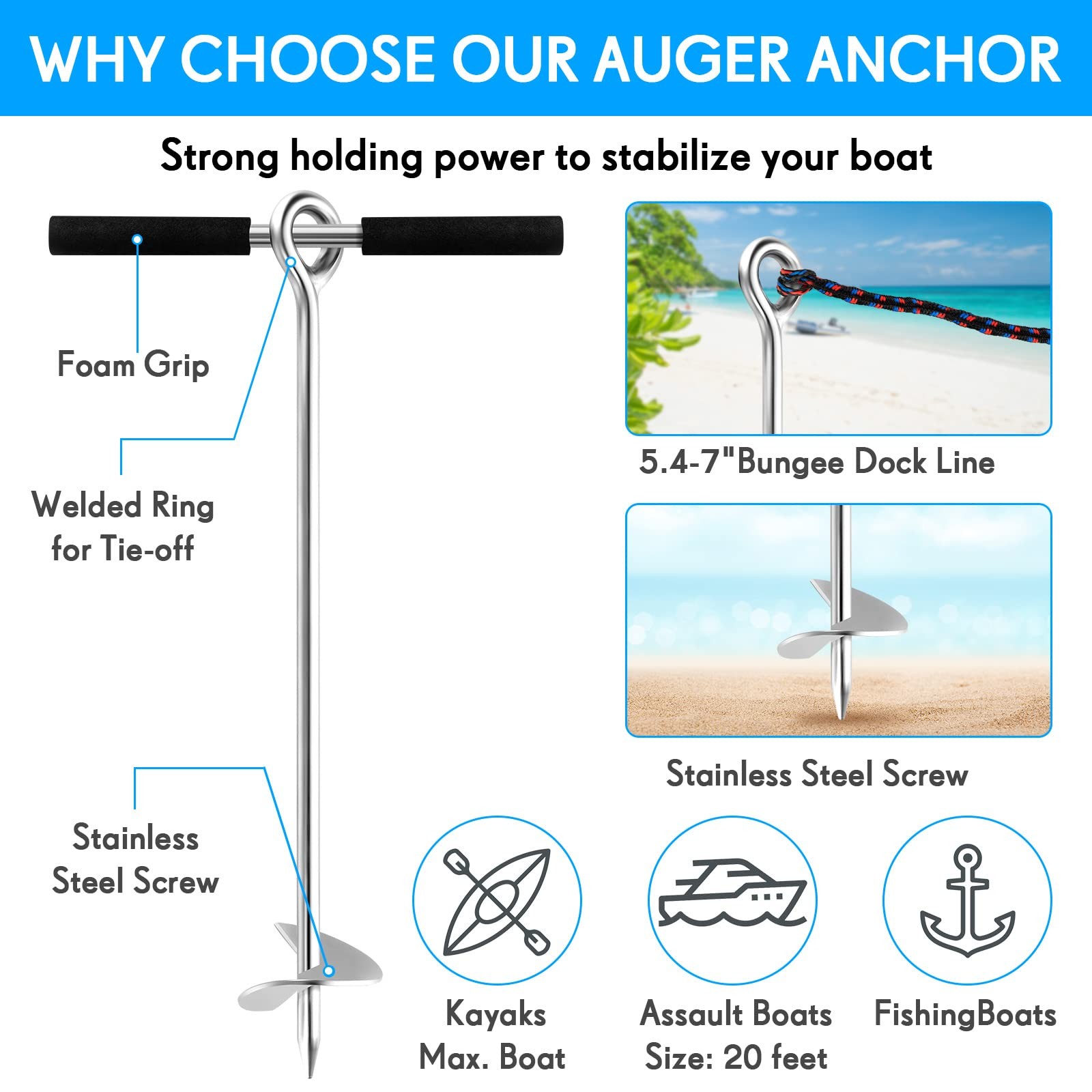 Sand Anchor 36 Inch Stainless Steel Screw – for Beach and Boat Stability