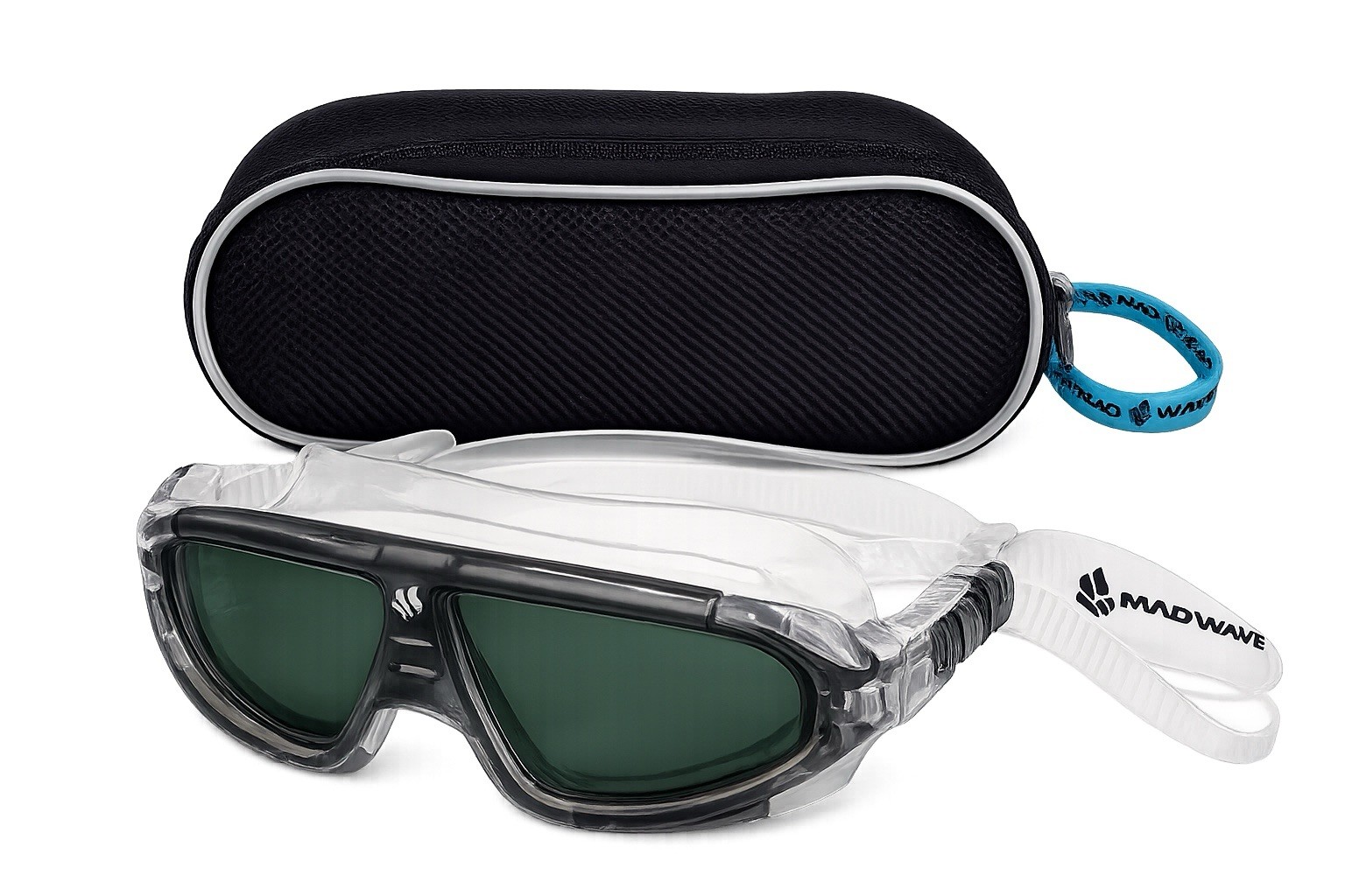 MADWAVE Swimming Goggles w/ Hard Case Clear Frame Green Lenses