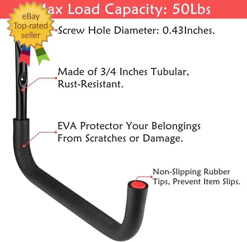 6 Pack Kayak Storage Hooks, 15.5 Inch Wall Mount Canoe Hangers, Heavy Duty Snowb