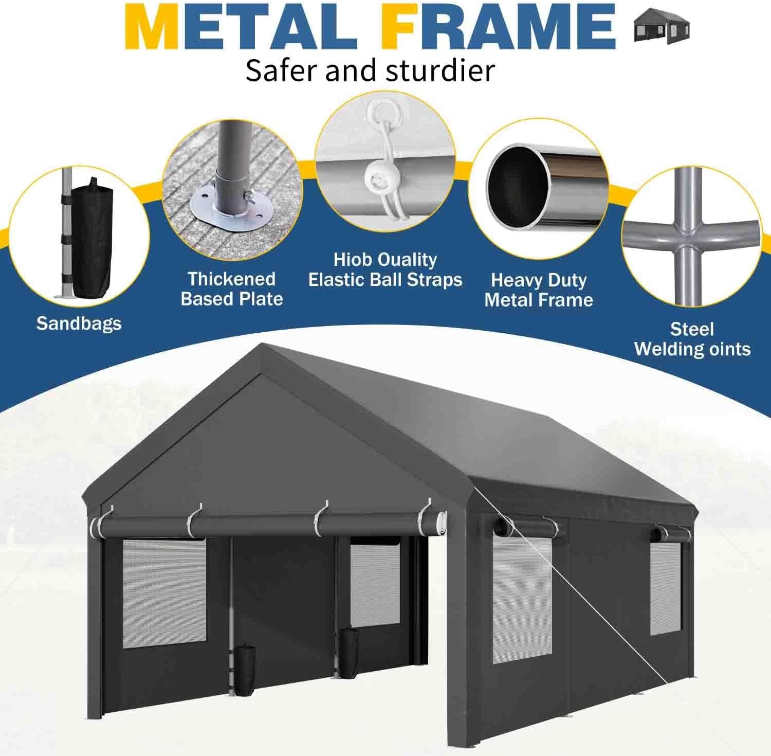 12x20ft Carport with Roll-up Windows, Removable Sidewalls, Doors All-Season Tarp