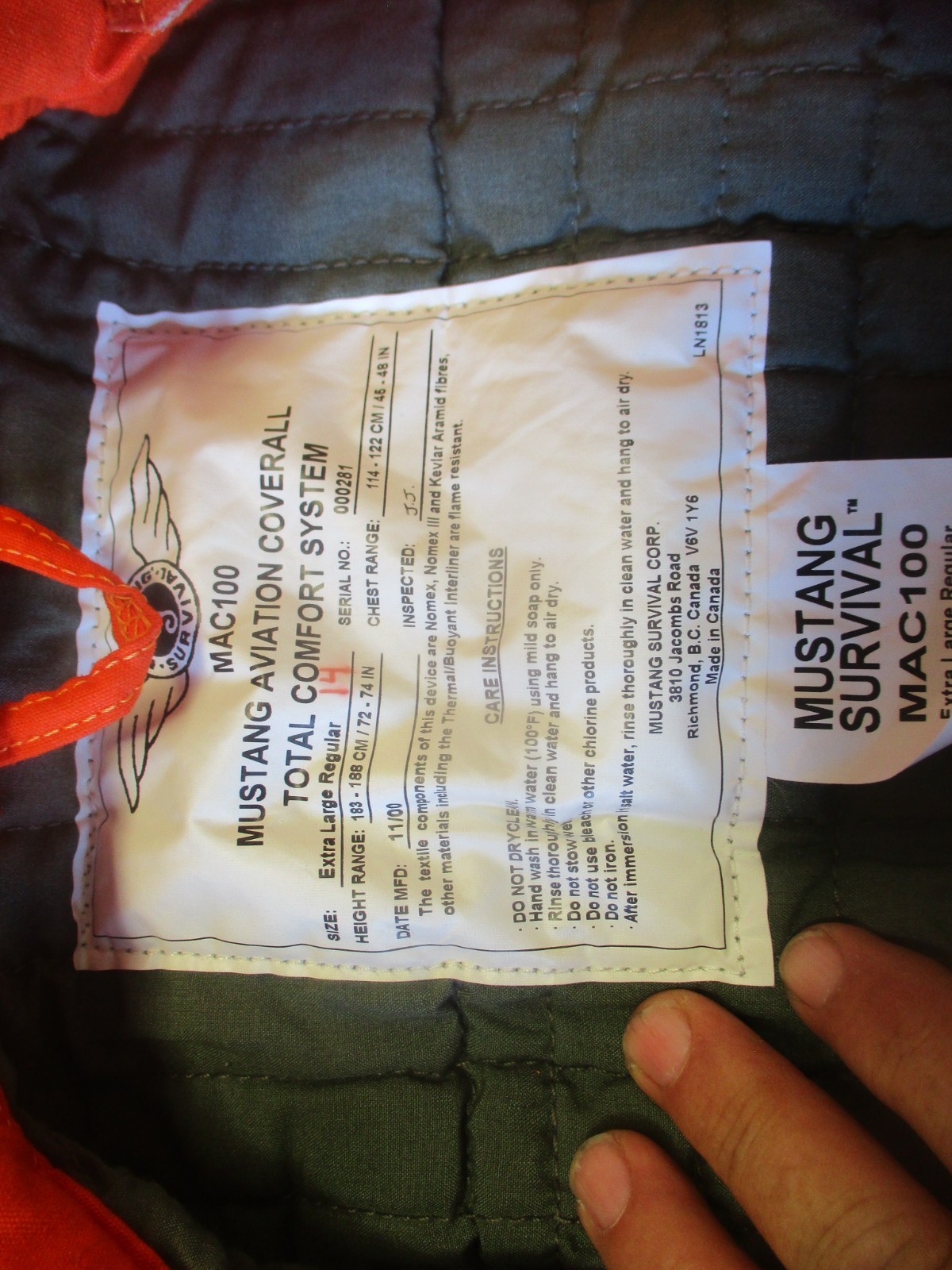 Mustang Survival Aviation Coverall XLR Xtra Lrg Reg Size 14 MAC100