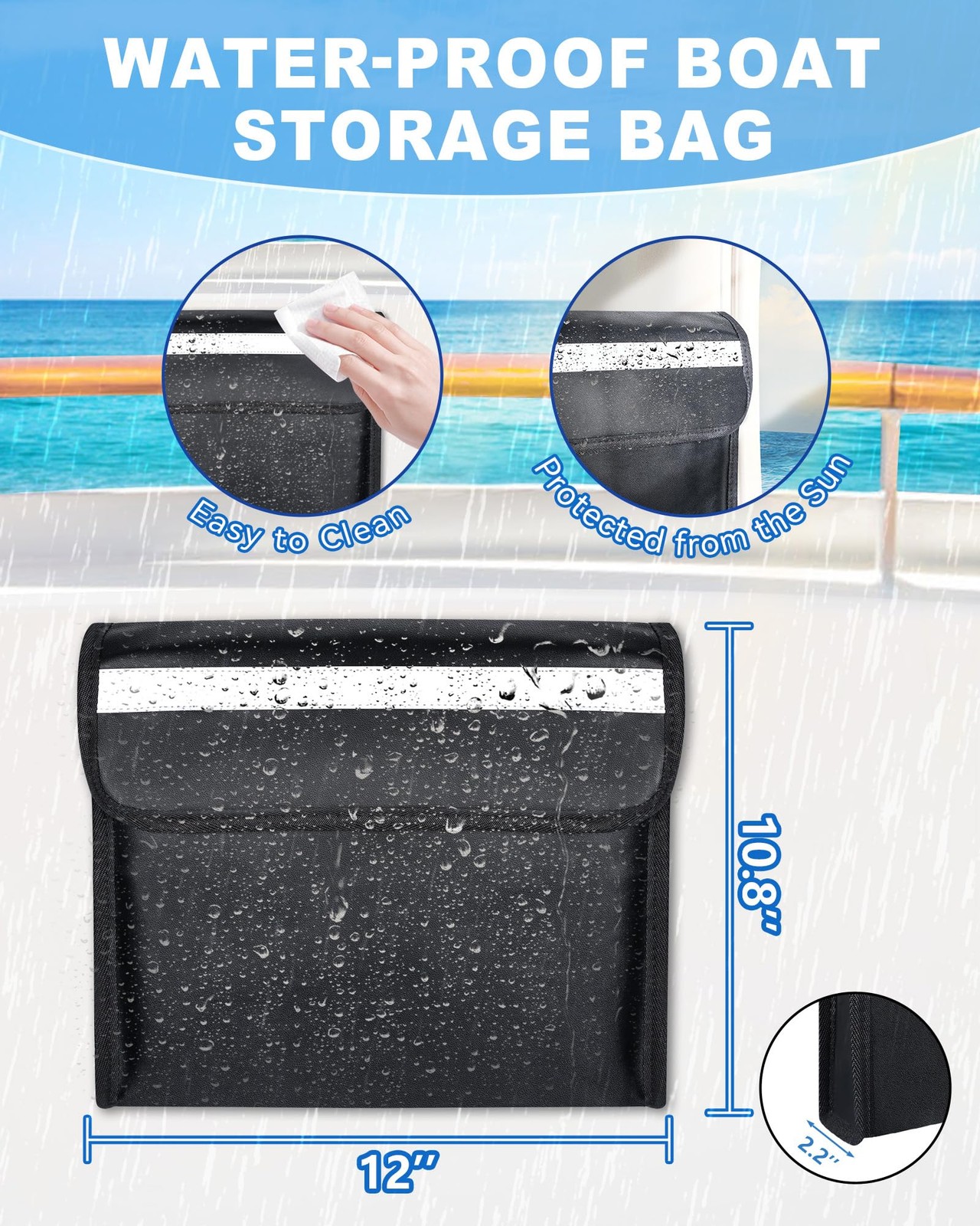 PU Boat Storage Organizer Bag SunProtective Adhesive Pouch 12×10.8×2.2 Inch