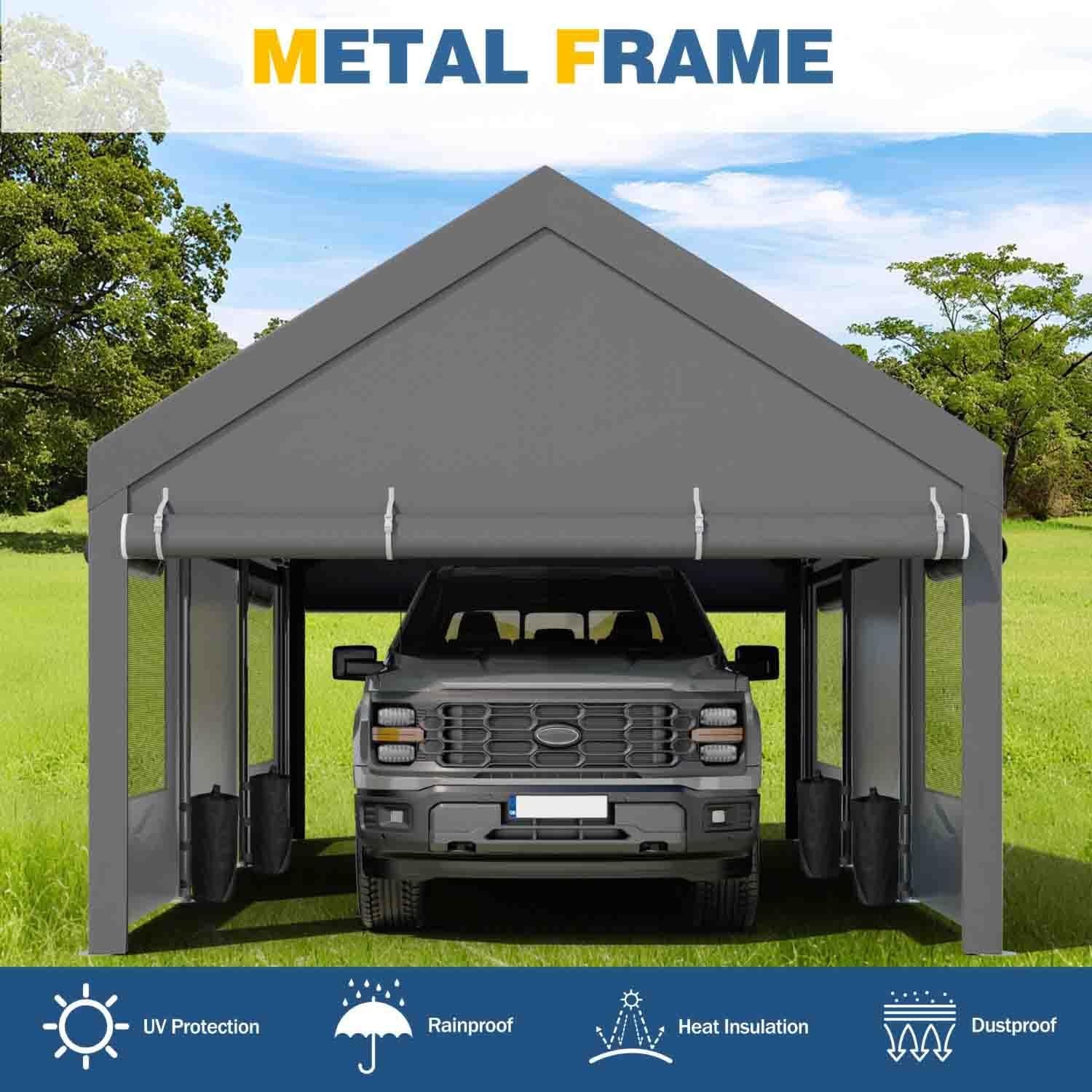 12x20ft Carport with Roll-up Windows, Removable Sidewalls, Doors All-Season Tarp