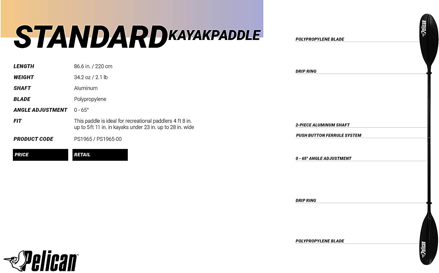 New PELICAN Standard Kayak Paddle Black 220cm Aluminum Shaft Poly Blades NIP