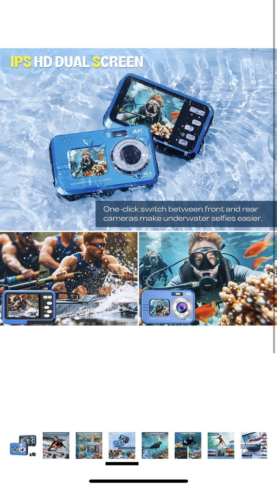 Underwater Camera, Selfie Dual Screens 4K 48MP 11FT Autofocus Waterproof Blue