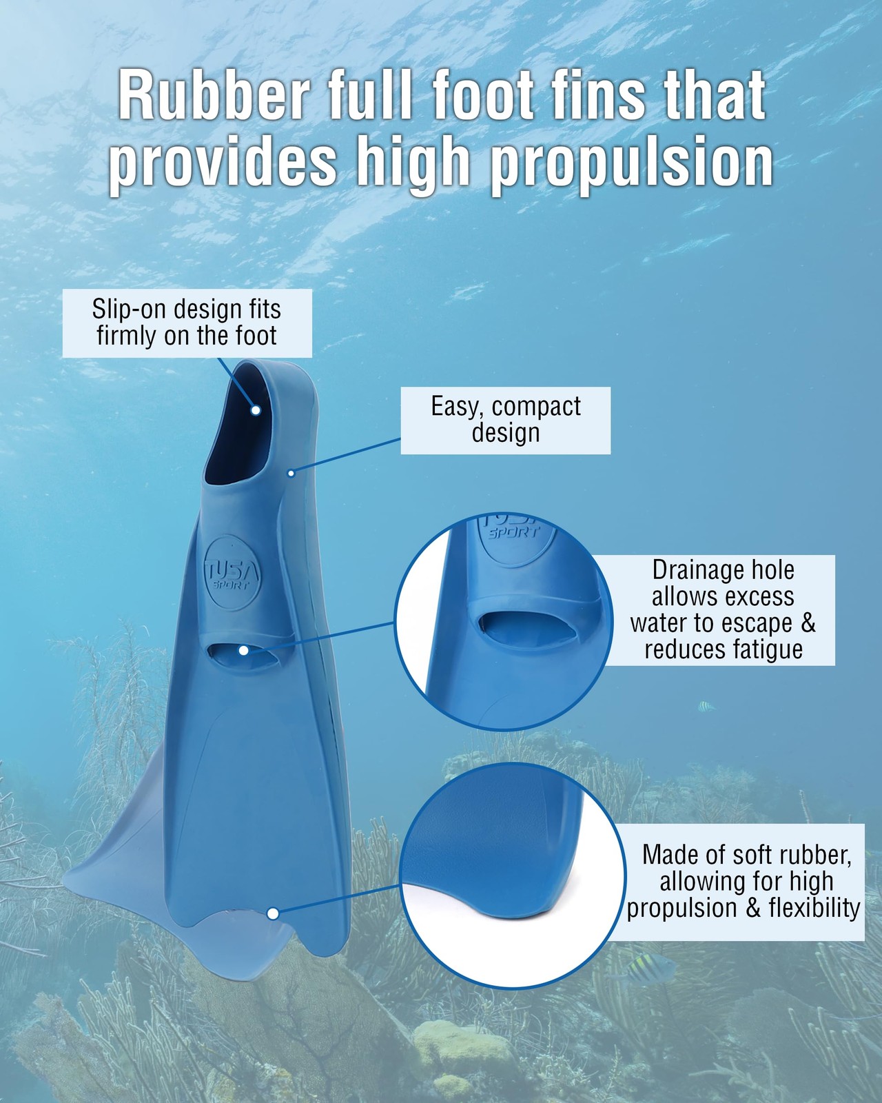 TUSA Sport Full Foot Rubber Snorkeling Fin, X-Large (11-13), X-Large, Blue