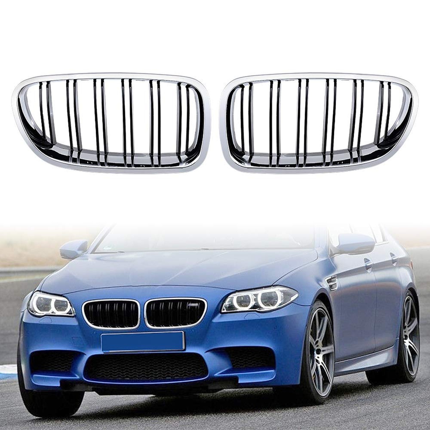 Chrome Trim Glossy Black Dual Slats Front Kidney Grille Grill Compatible with…