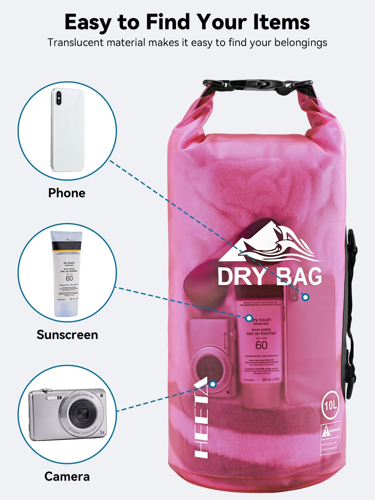 HEETA Dry Bag Waterproof for Women Men, Roll Top Lightweight 5L, Rose Red