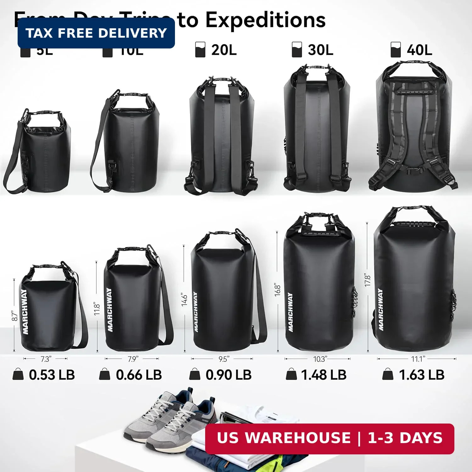 MARCHWAY Floating Waterproof Dry Bag Backpack 5L/10L/20L/30L/40L, Roll Top Sack