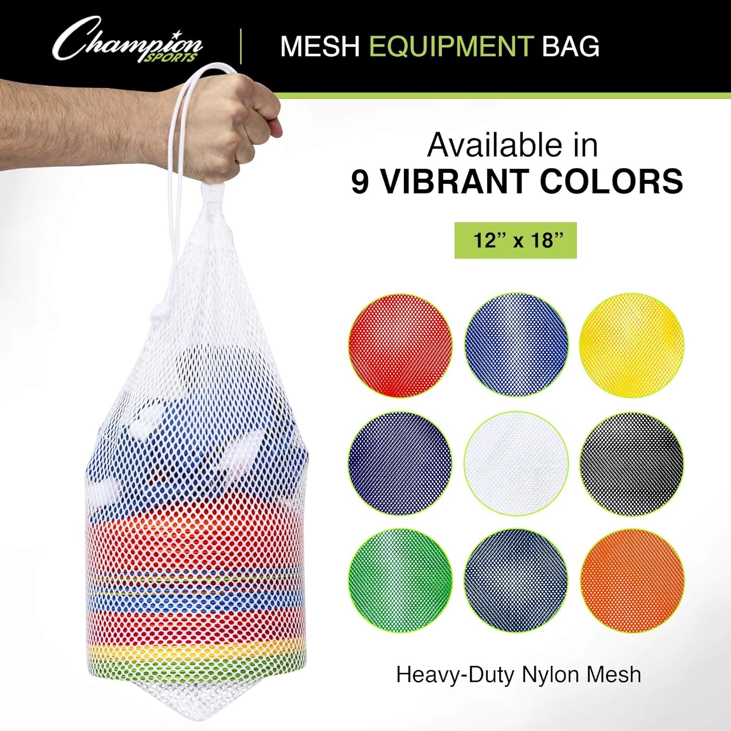 Champion Sports Mesh Equipment Bag – Heavy-Duty Nylon 12″ x 18″, Black