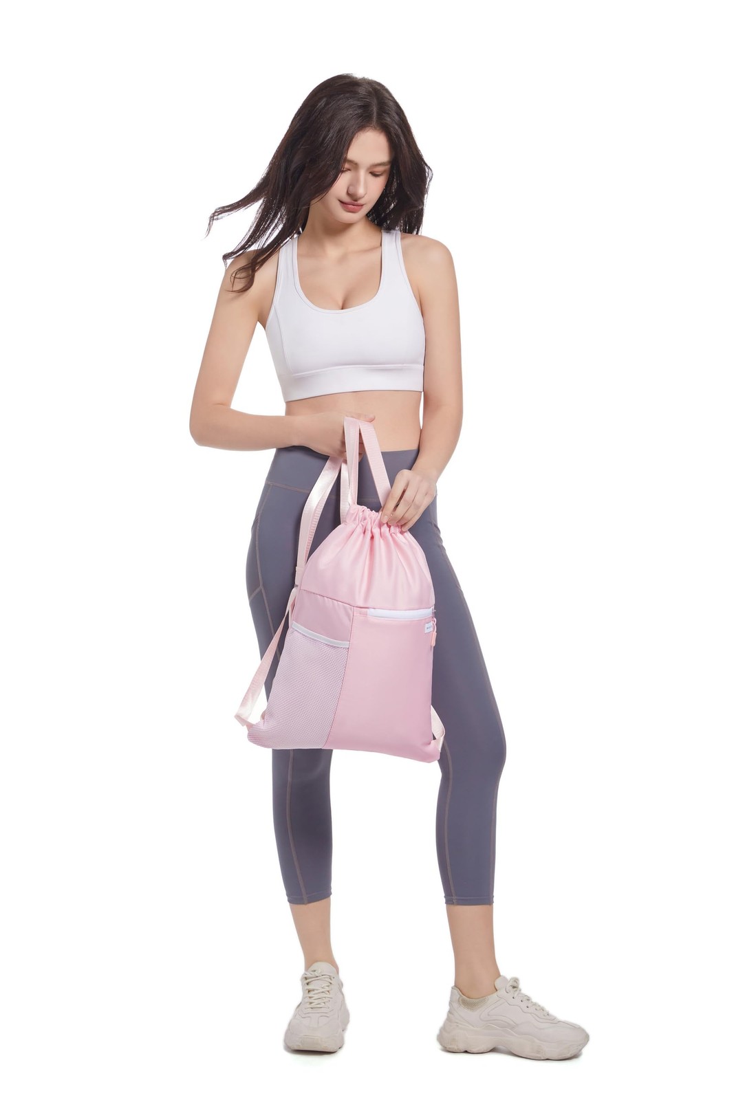BAVELOE Drawstring Backpack with Mesh Pocket Water Resistant One Size, Pink