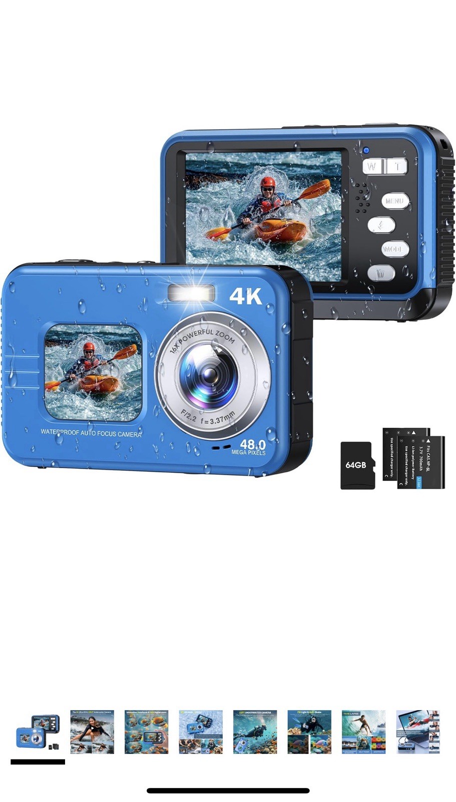 Underwater Camera, Selfie Dual Screens 4K 48MP 11FT Autofocus Waterproof Blue