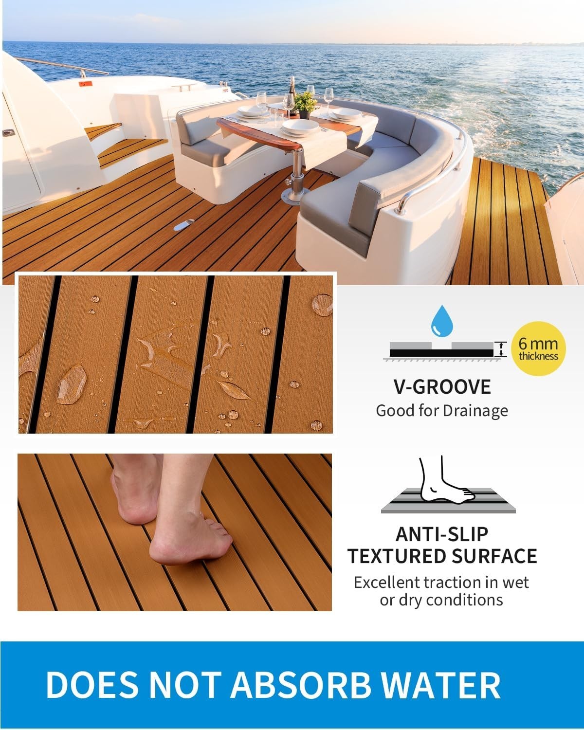 Boat Flooring EVA Foam Self-Adhesive 96”x45.6”/36”/28.8”/16.8” Faux Teak Ma