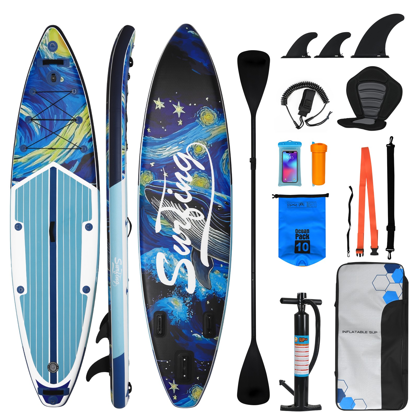 11FT 33″ Inflatable SUP Surfboard Wide 330LBS Kayak Seat with 3-Fin Complete