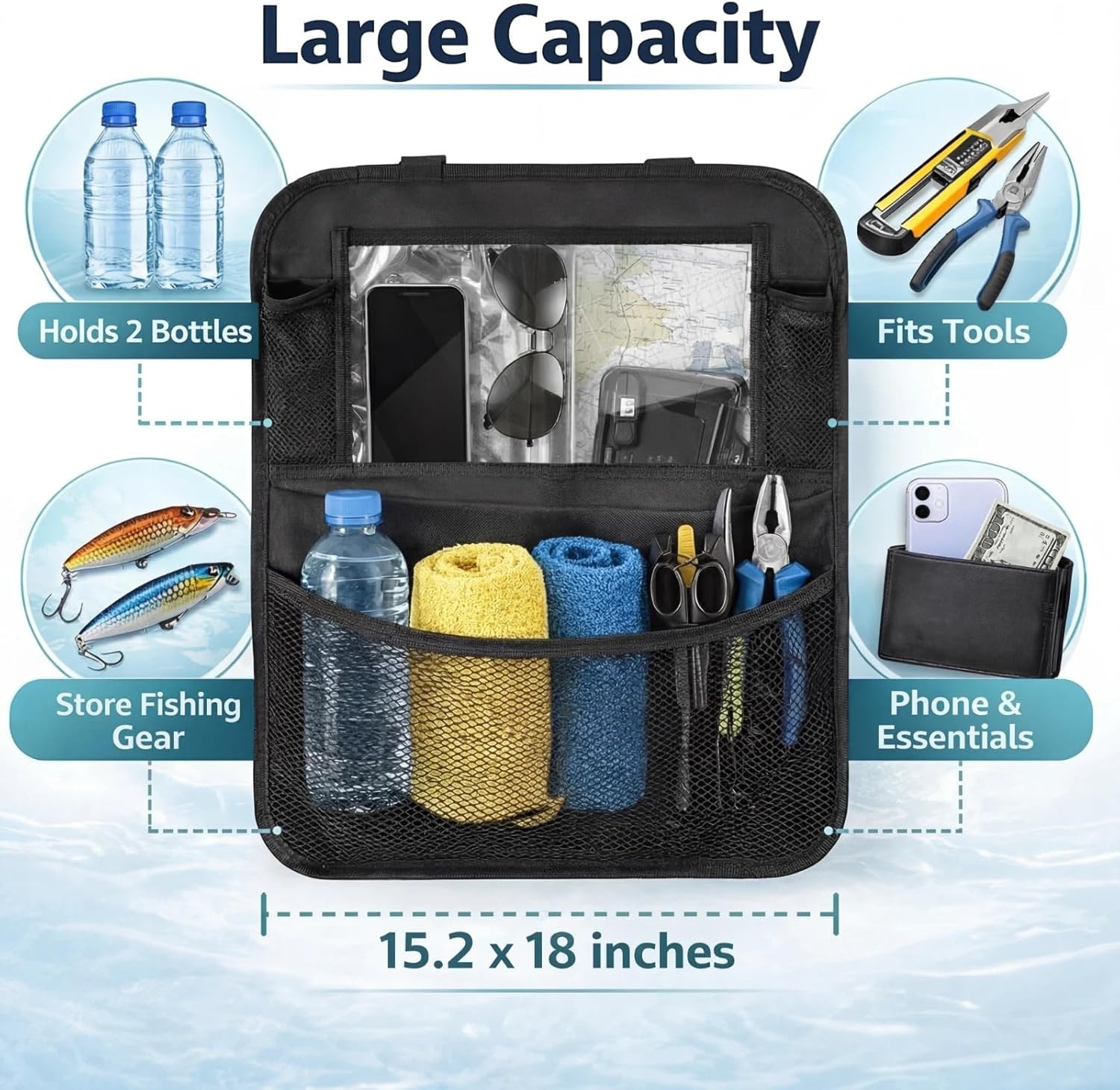 Boat Seat Organizer – Waterproof Marine Storage Bag with Large Mesh Pockets
