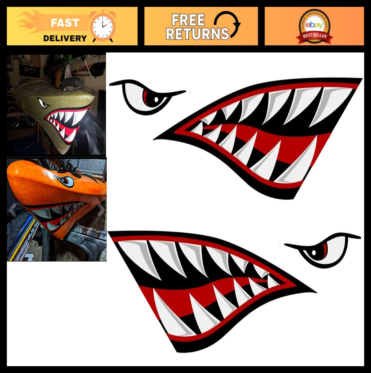 Shark Teeth Mouth Decals – Big Set Stickers for Fishing Boat, Canoe, Car, Truck,
