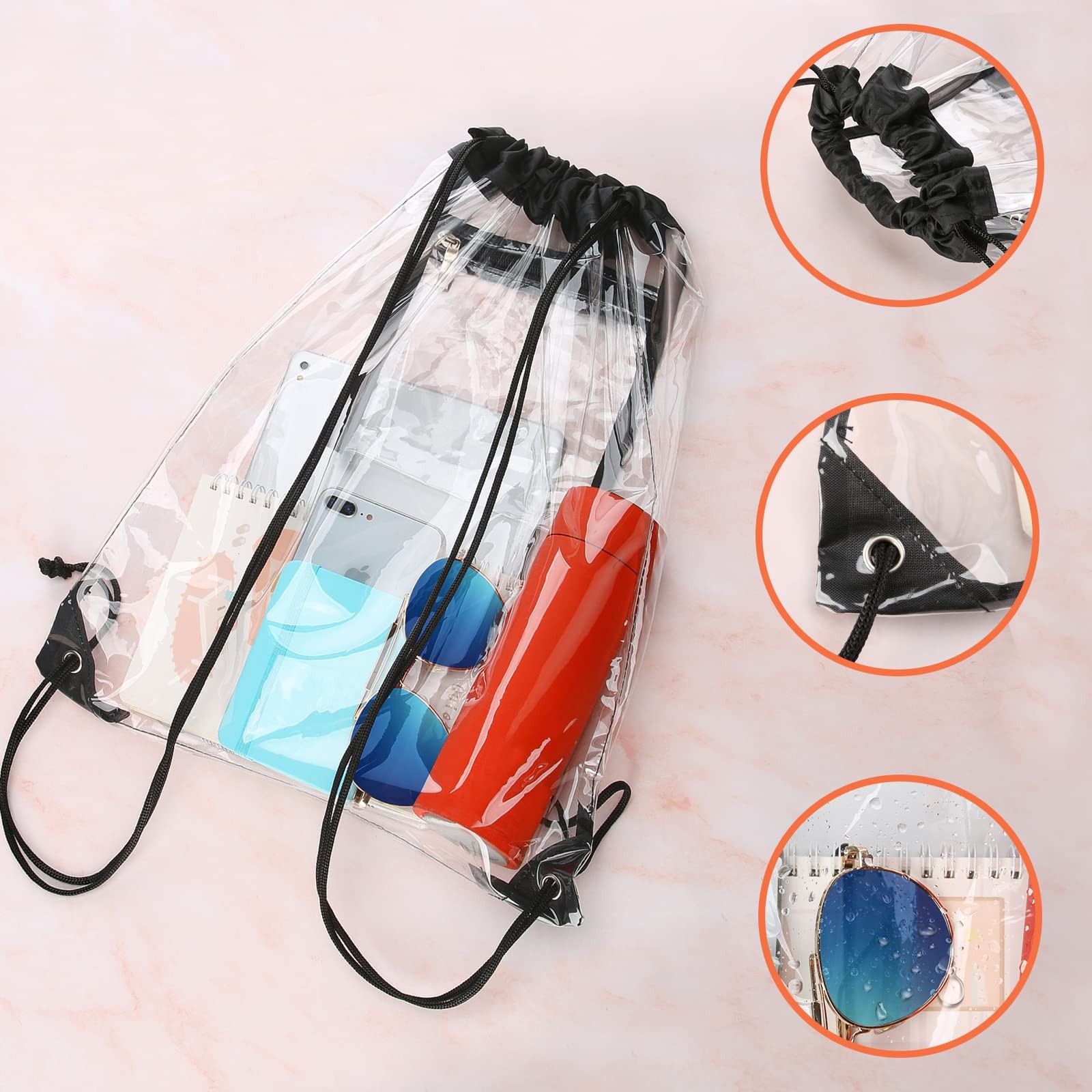 2 PACK Clear Drawstring Bag Stadium Approved, See Through PVC One Size, Black
