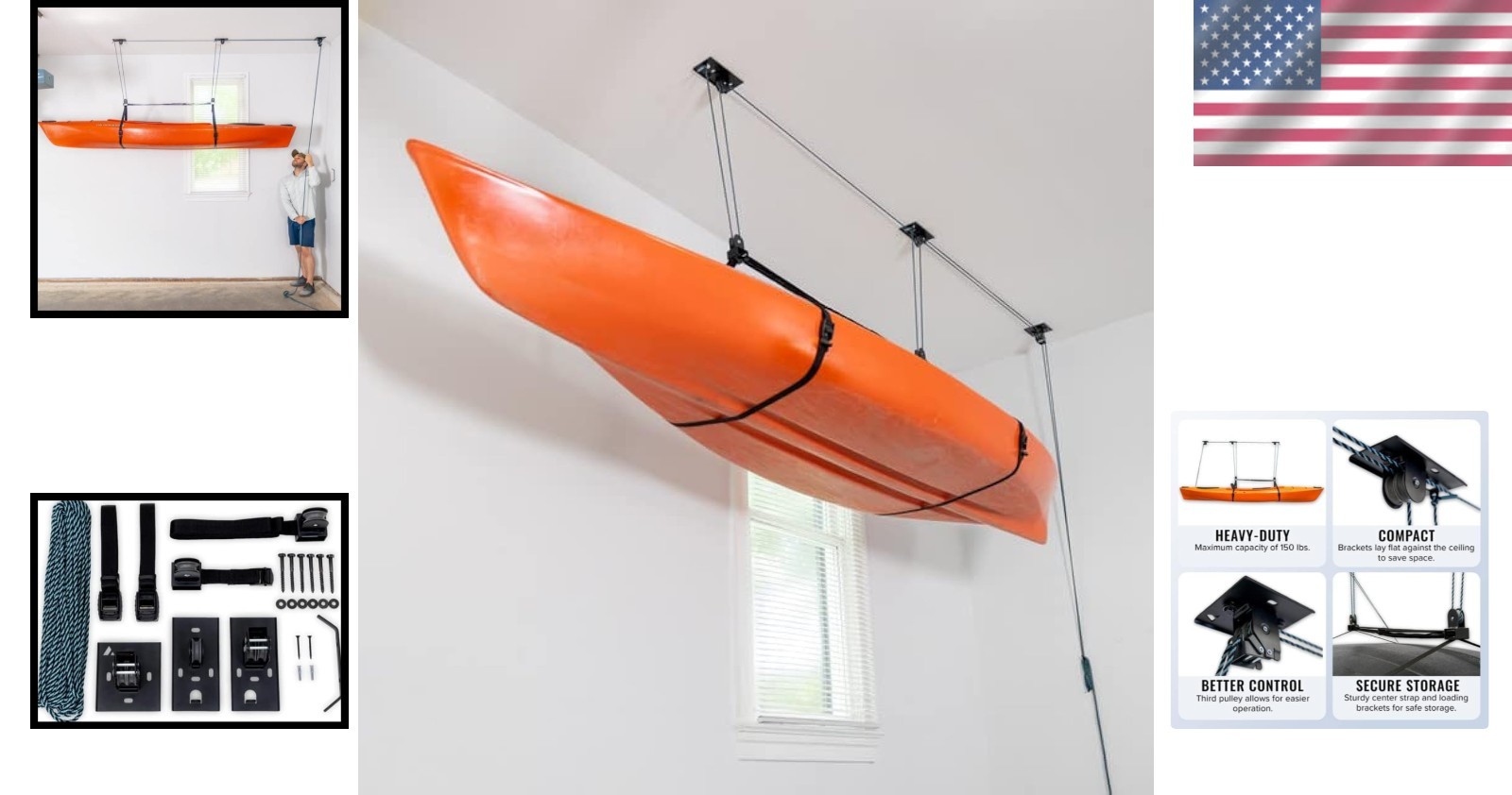 150 lbs Durable Garage Storage Hoist for Kayaks, Canoes & Paddleboards, 10-14 ft