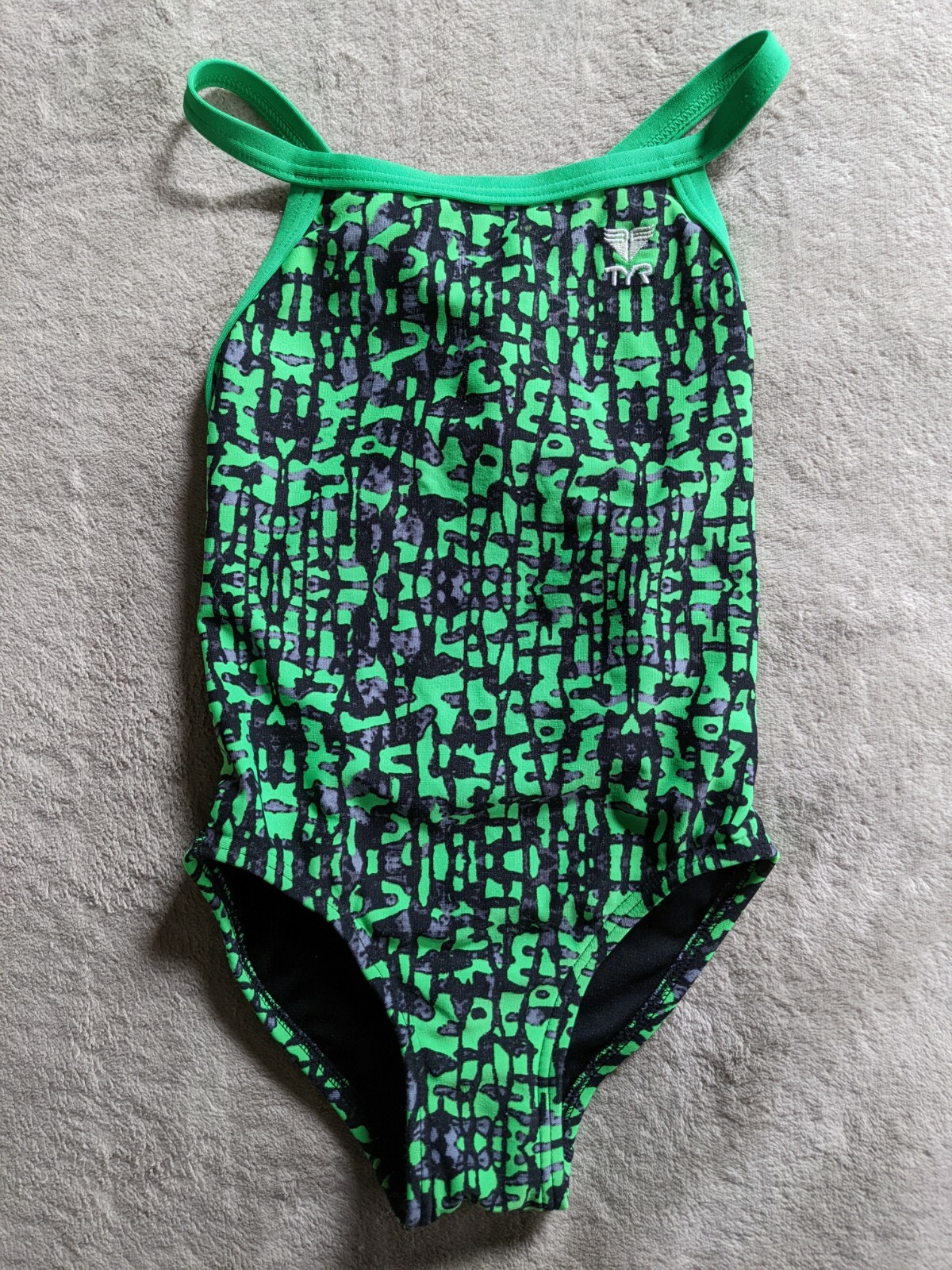 TYR One Piece Swimsuit Girls Youth 22 Green Black Grey Gray Swim Suit