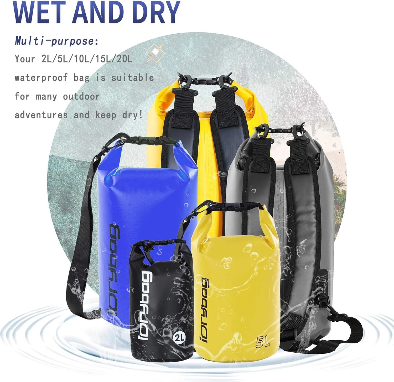 IDRYBAG Dry Bag for Kayaking Waterproof 2L/5L/10L/15L/20L, Small Dry Sack Waterp