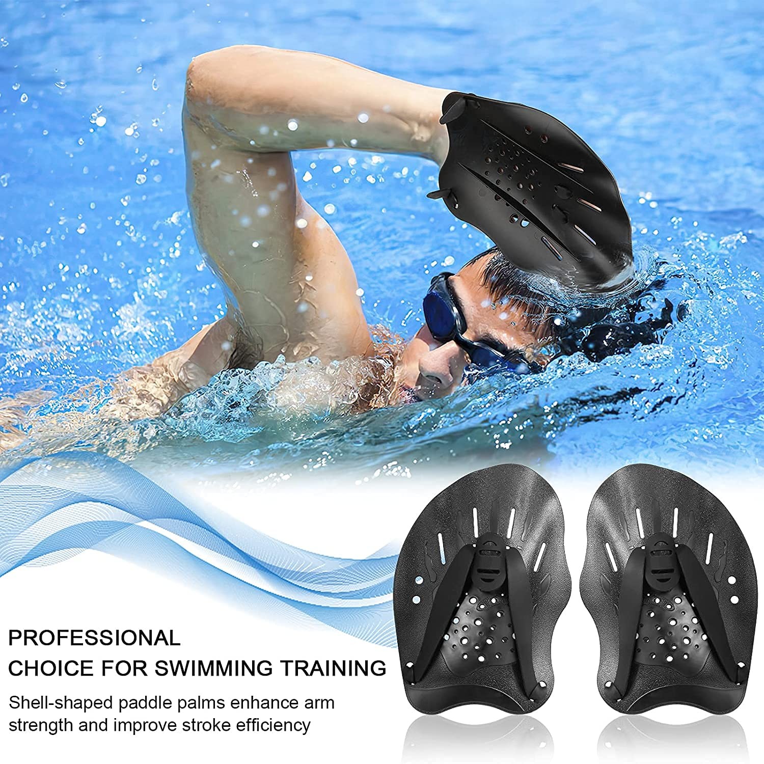 Houson 1 Pair Swim Paddle Hand Exercise Training Adjustable Black