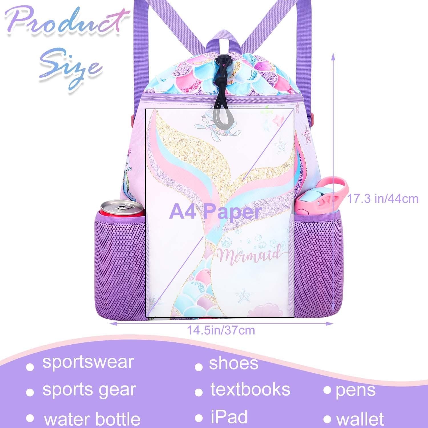 RHCPFOVR Mermaid Swim Bags for Kids – Drawstring Backpack One Size,