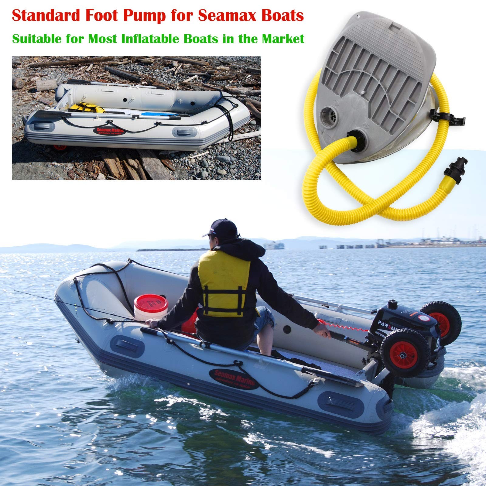 Seamax 7L Single Stage Foot Pump for Inflatable Boats, Max 3.6 PSI Grey