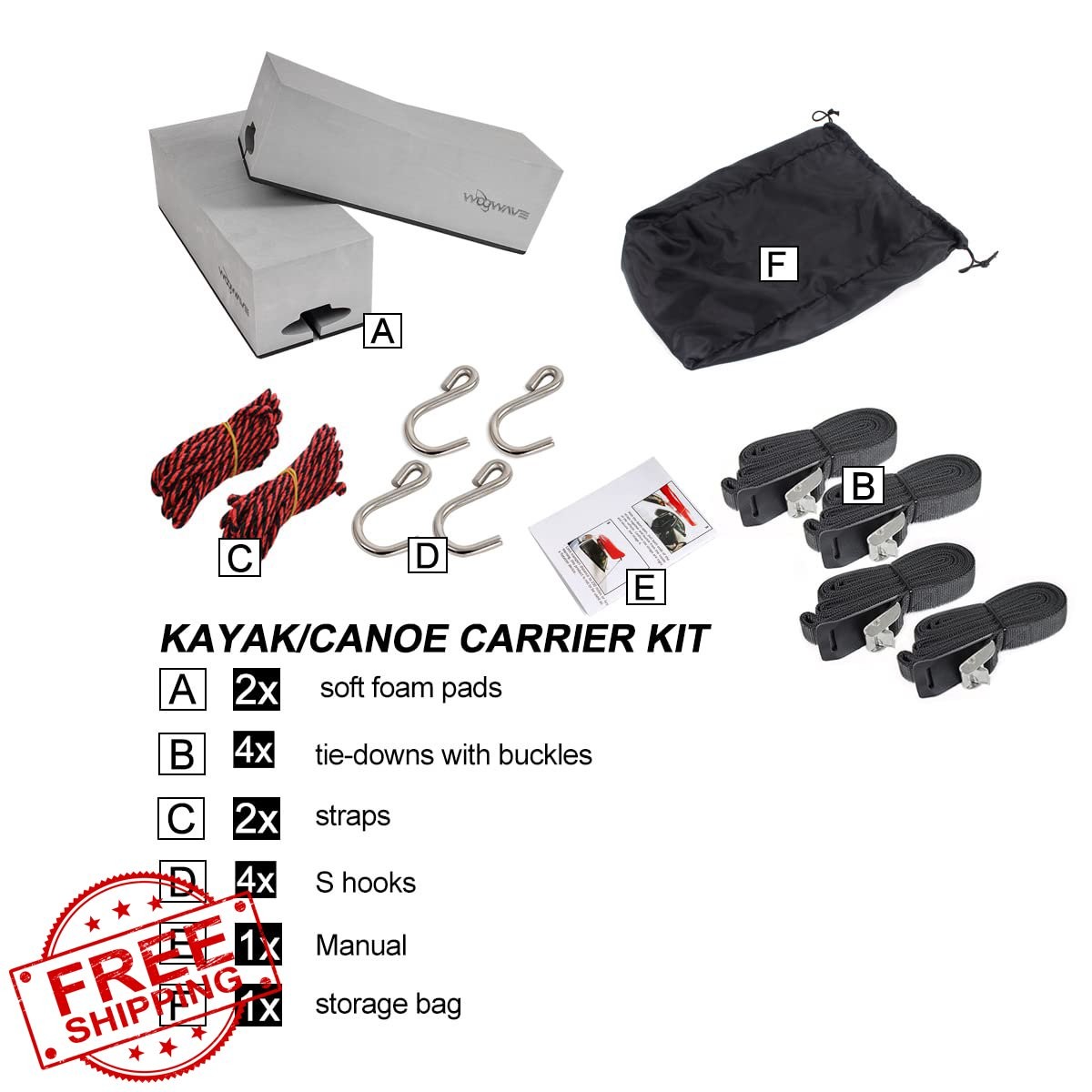 WOOWAVE Kayak Carrier Kit Soft Foam Block Roof Rack Pads Tie-Downs