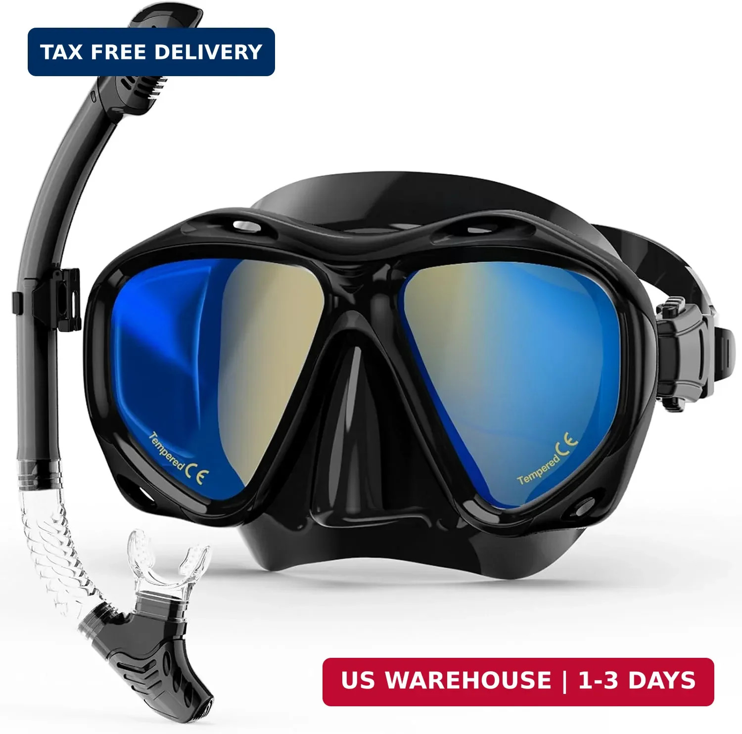 Snorkeling Gear for Adults, Snorkel Mask With Mirrored Tempered Glass Lens 180°
