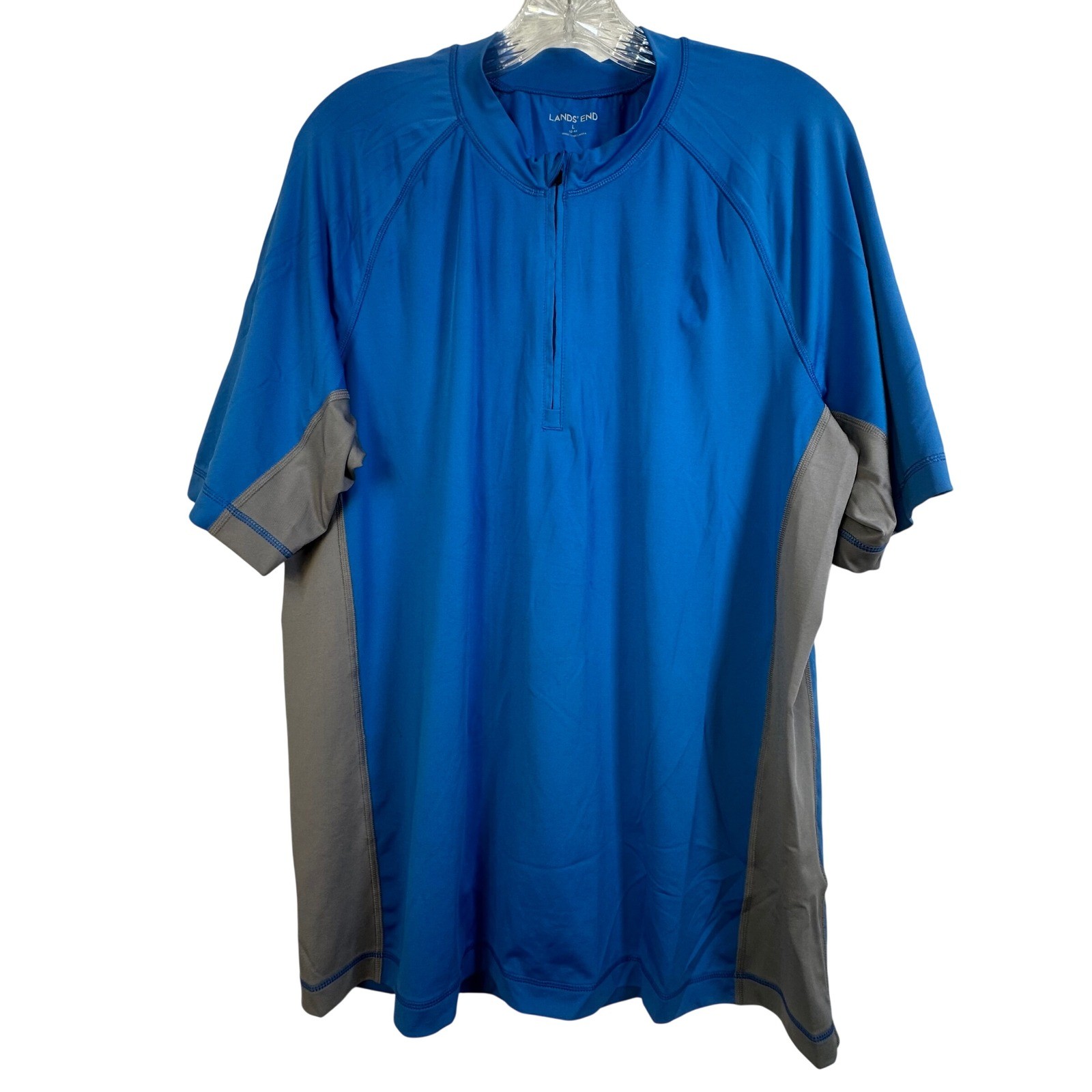 Lands End Mens Blue Gray Quarter Zip Short Sleeve Rash Guard Swim Shirt L 42-44
