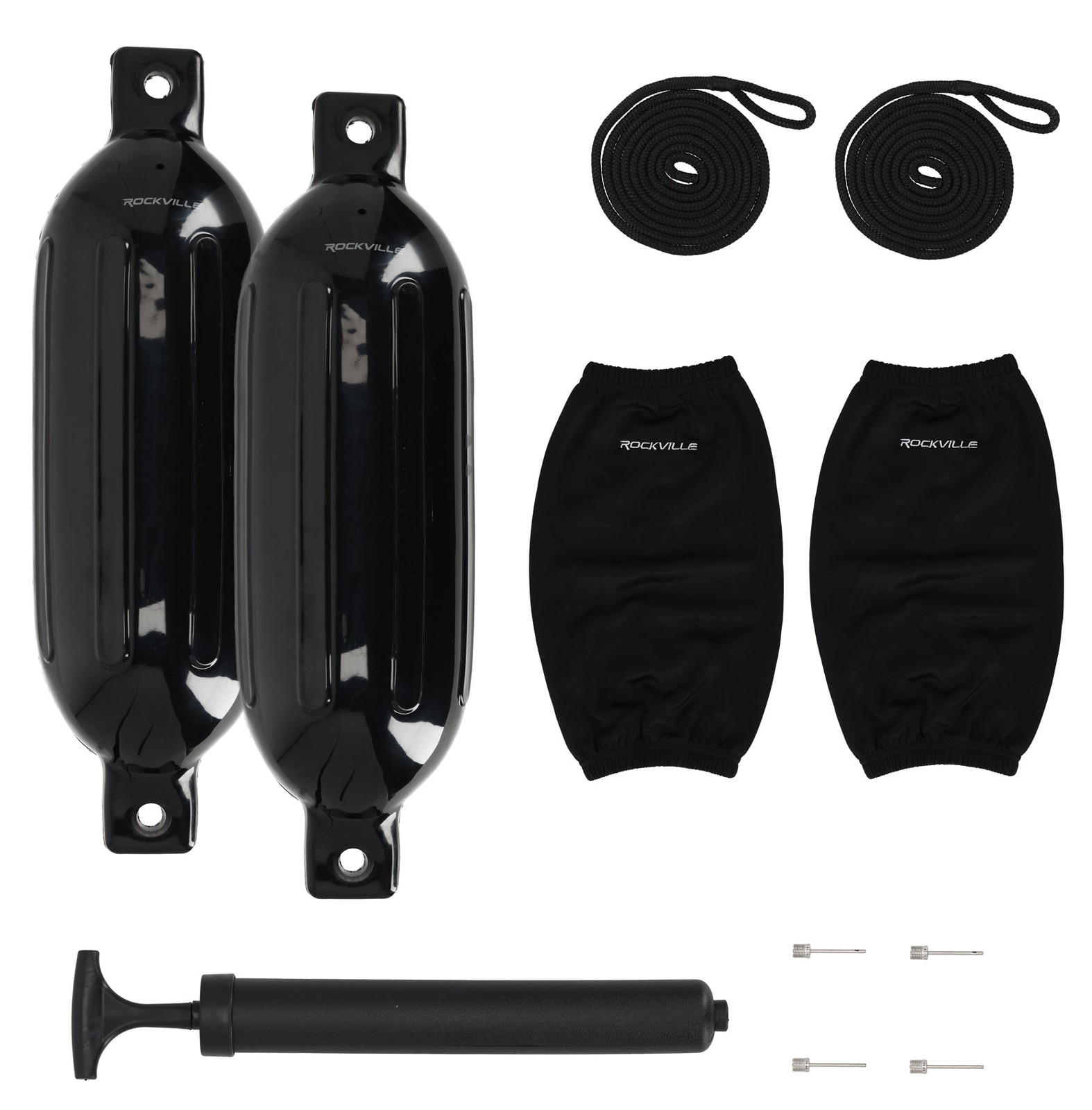 Rockville FEN265-BLACK Boat Fender Package 2 Bumpers 6.5″x23″, 2 Covers, 2 Lines