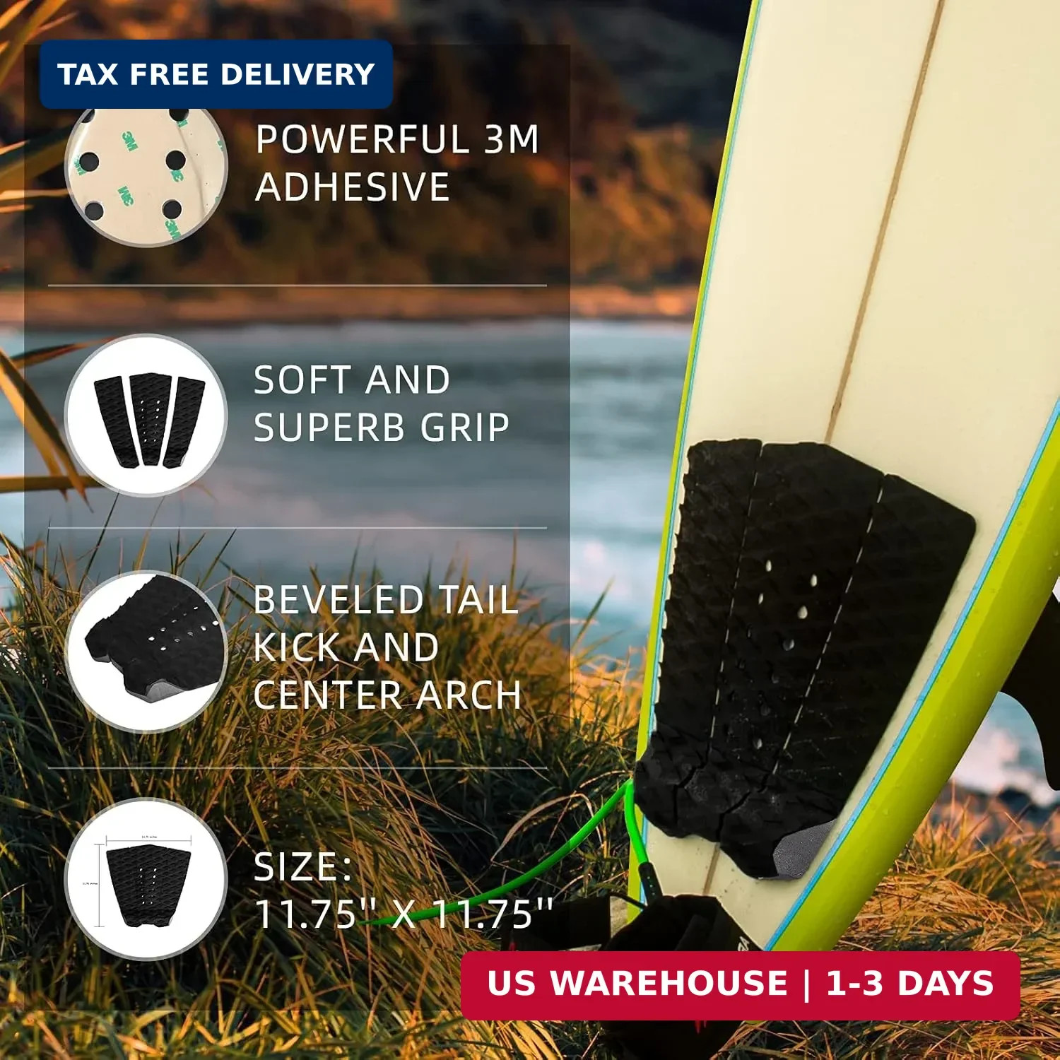 Abahub 3 Piece EVA Surfboard Deck Traction Pads with Kicker for Stomp Skimboards