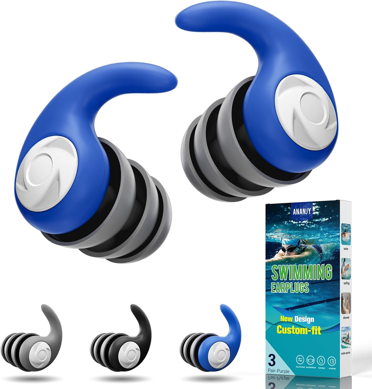 Waterproof Swimming Ear Plugs for Adults – 3 Pairs of Reusable Soft Silicone Swi