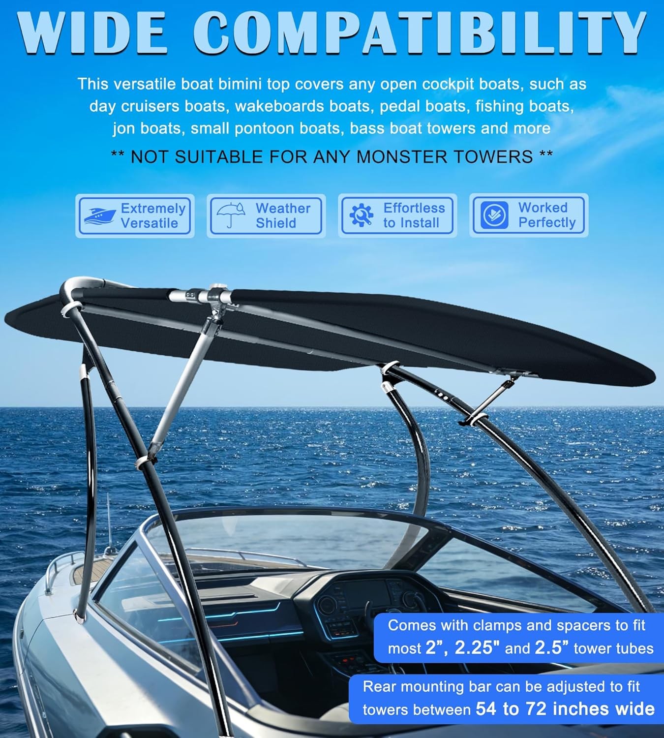 60″x52″ Front Mount Universal Wakeboard Tower Bimini Top Shade Canopy Wake Board