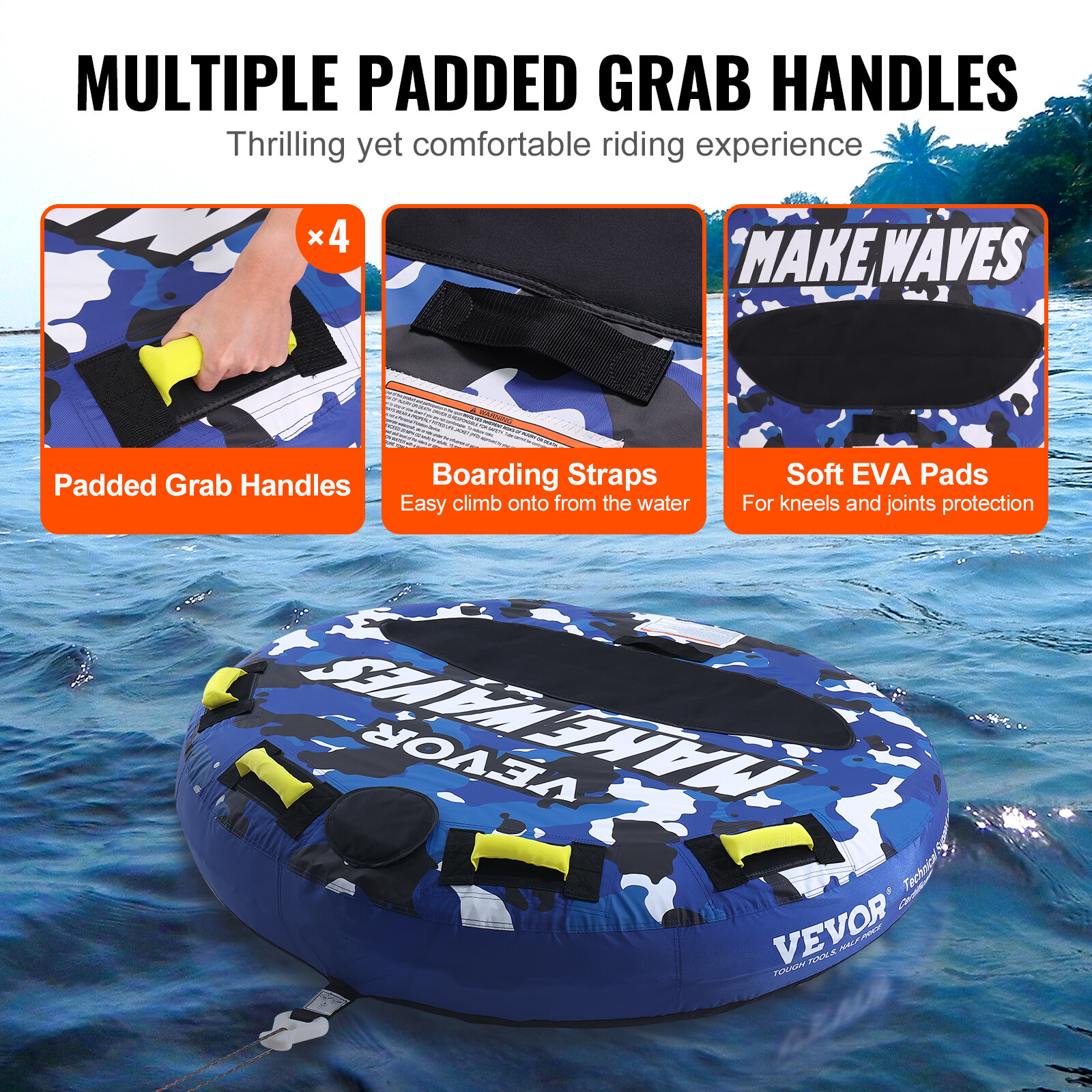 Inflatable Towable Tube for Boating 1-2 Rider 51.8 inch Round Tube Water Sport
