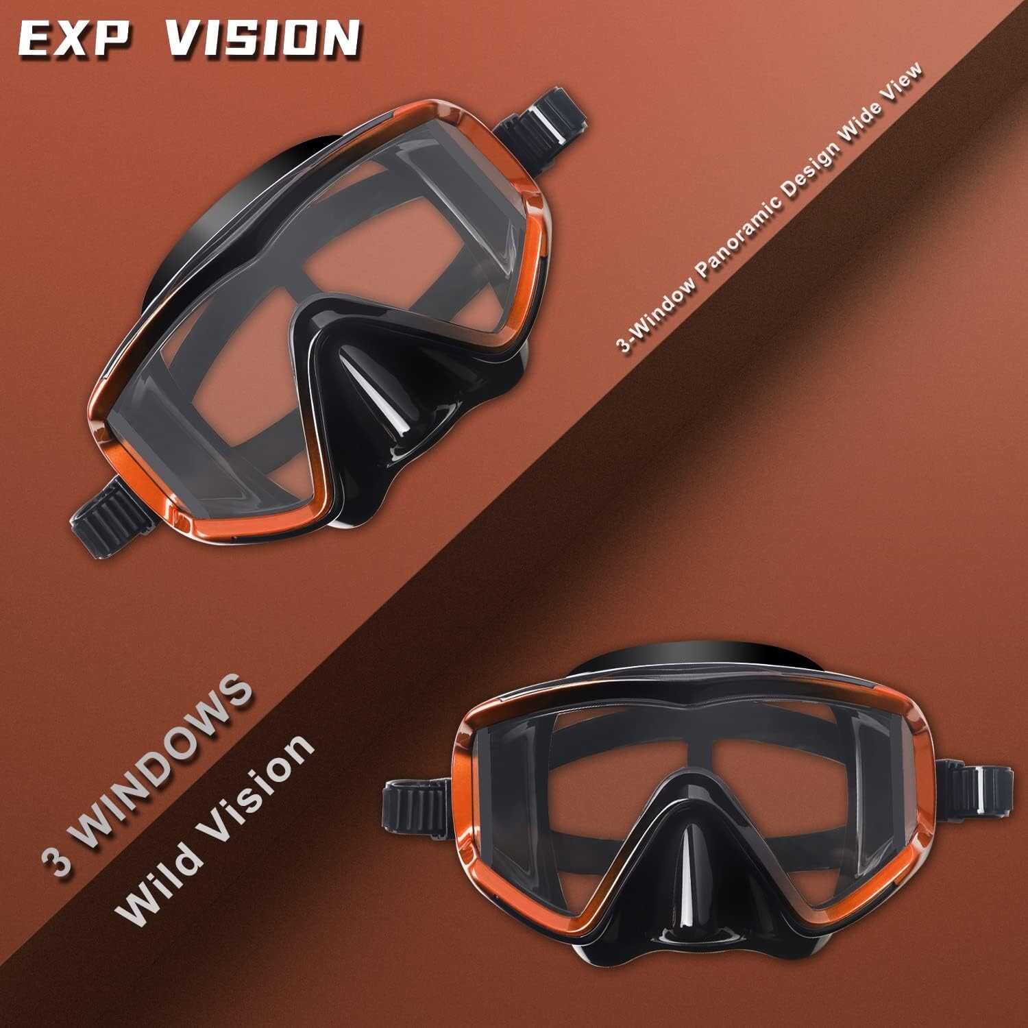 Scuba Diving Mask Tempered Glass Lens Swim Goggles Snorkeling Panoramic Orange