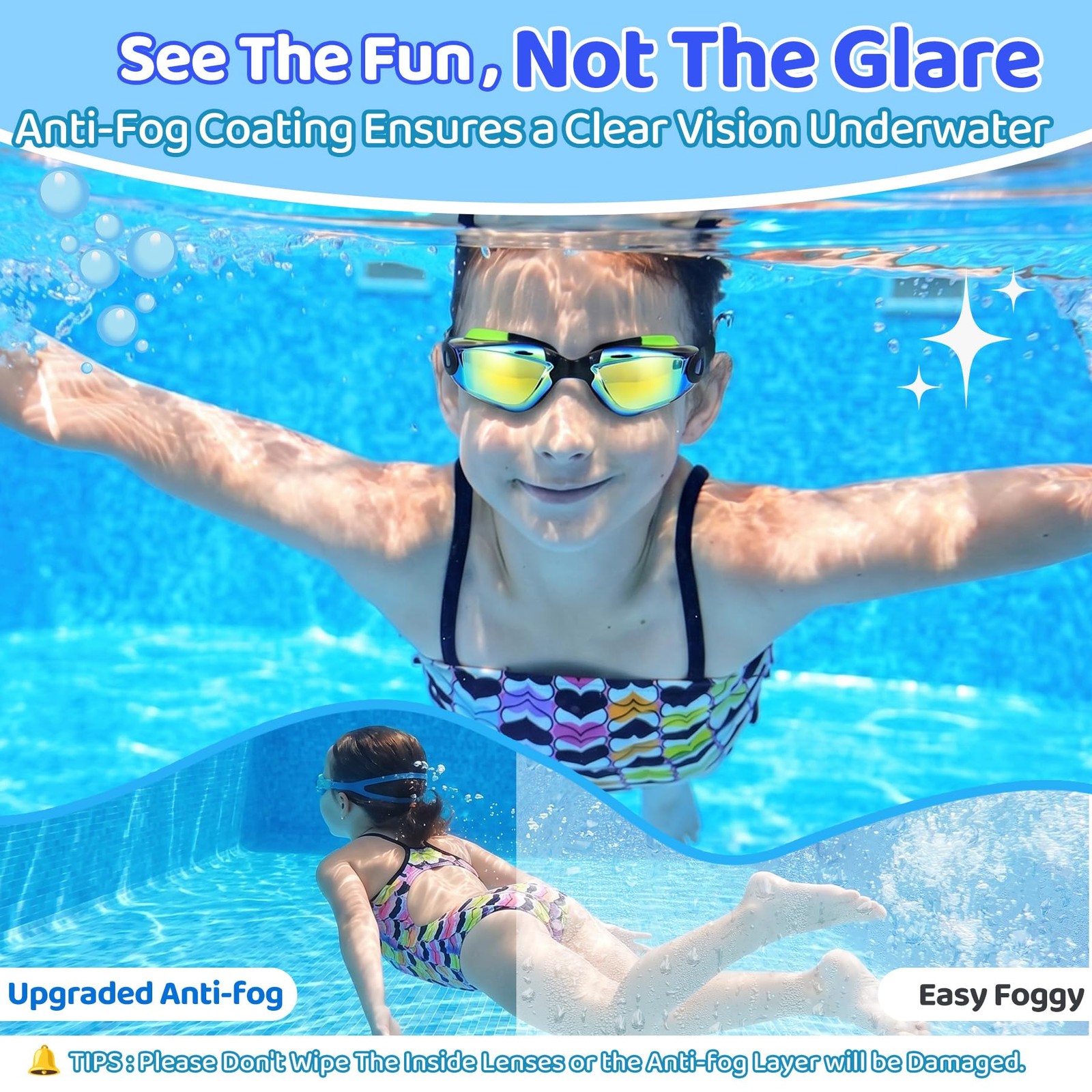Swimming Goggles for 3-15 years-2 Pack, Goggles Anti-Fog/UV No Leaking Swim G…
