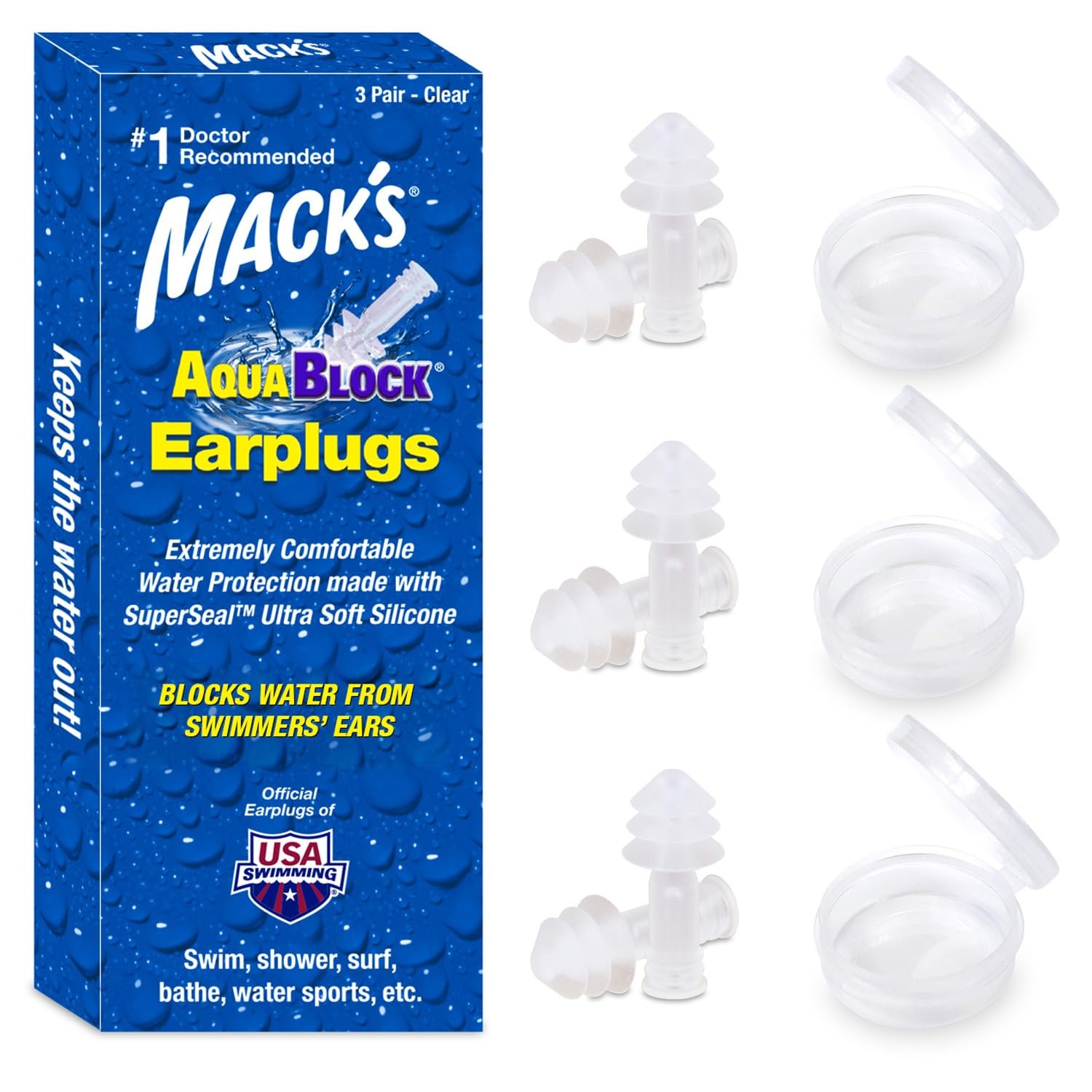 Mack’s AquaBlock Swimming Earplugs, 3 Pair – 3 Count (Pack of 1), Clear