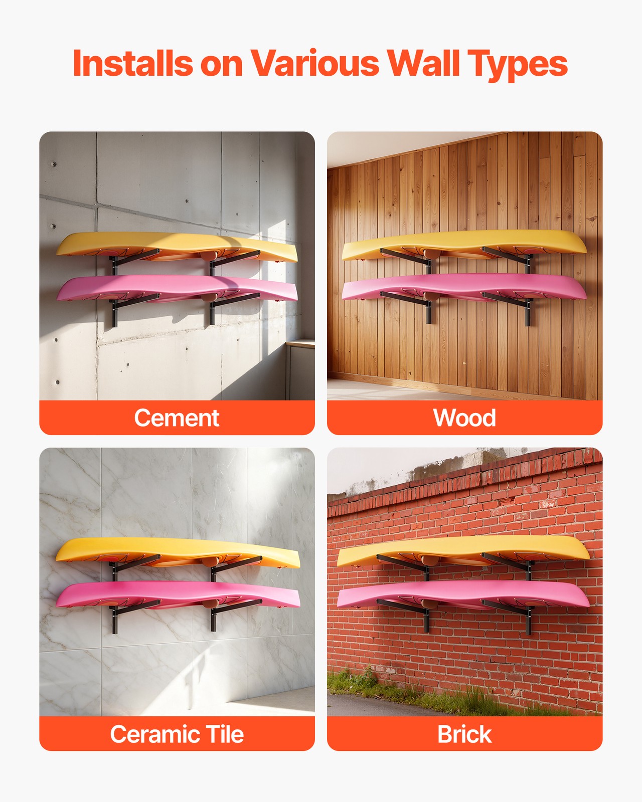 VEVOR Kayak Storage Rack Wall Mounted Kayak Rack 2 Kayaks 200 lbs Paddleboard