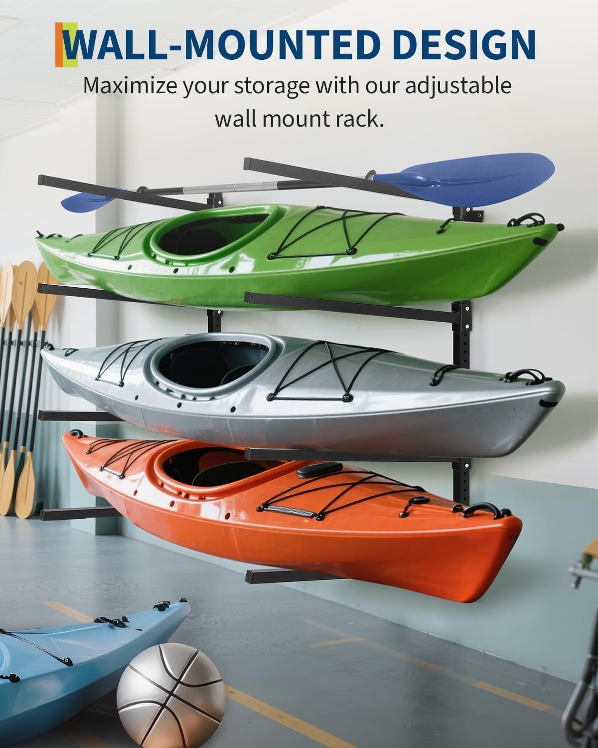 Garvee Wall Mounted Kayak Rack for 4,Adjustable Kayak Wall Mount Rack 400 LBS