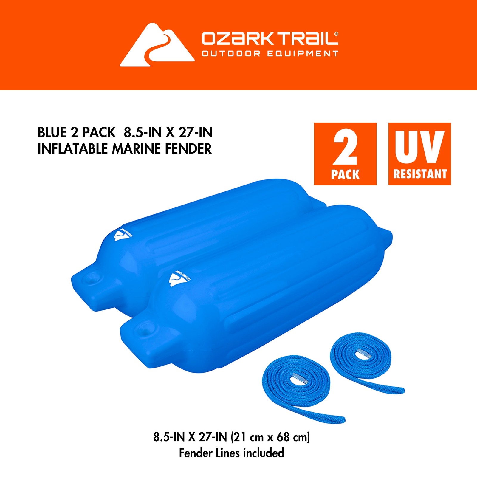 2-Pack Inflatable Boat Fenders – Blue 8.5×27″ W/ Fender Lines Bumpers Buoys