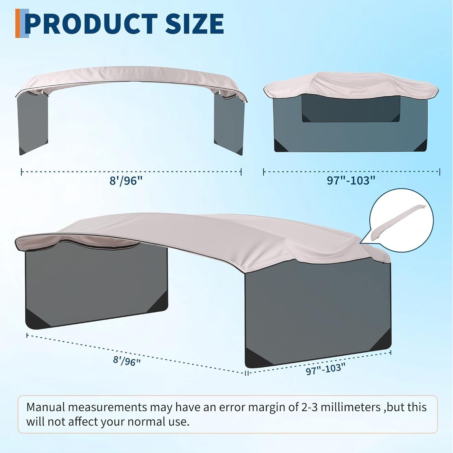 600D 4 Bow Bimini Replacement Canvas 8FT Boat Sun Shade Side Walls