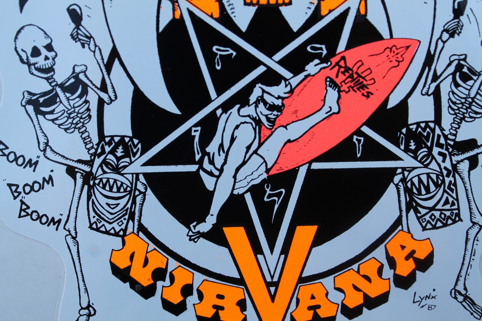 Nirvana Surfboards Neon Orange 80’s Pentagram Skulls V4A Vintage Surfing STICKER