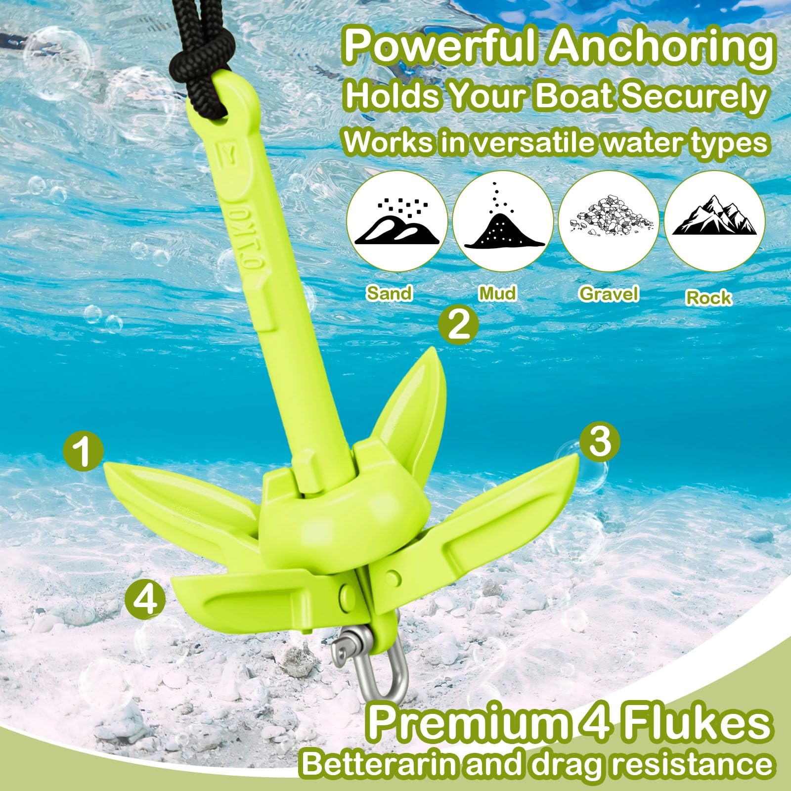 1 Pack 1.5/3.5 lb Marine Kayak Anchor Kit with 40ft Rope and Buoy Folding Gra…