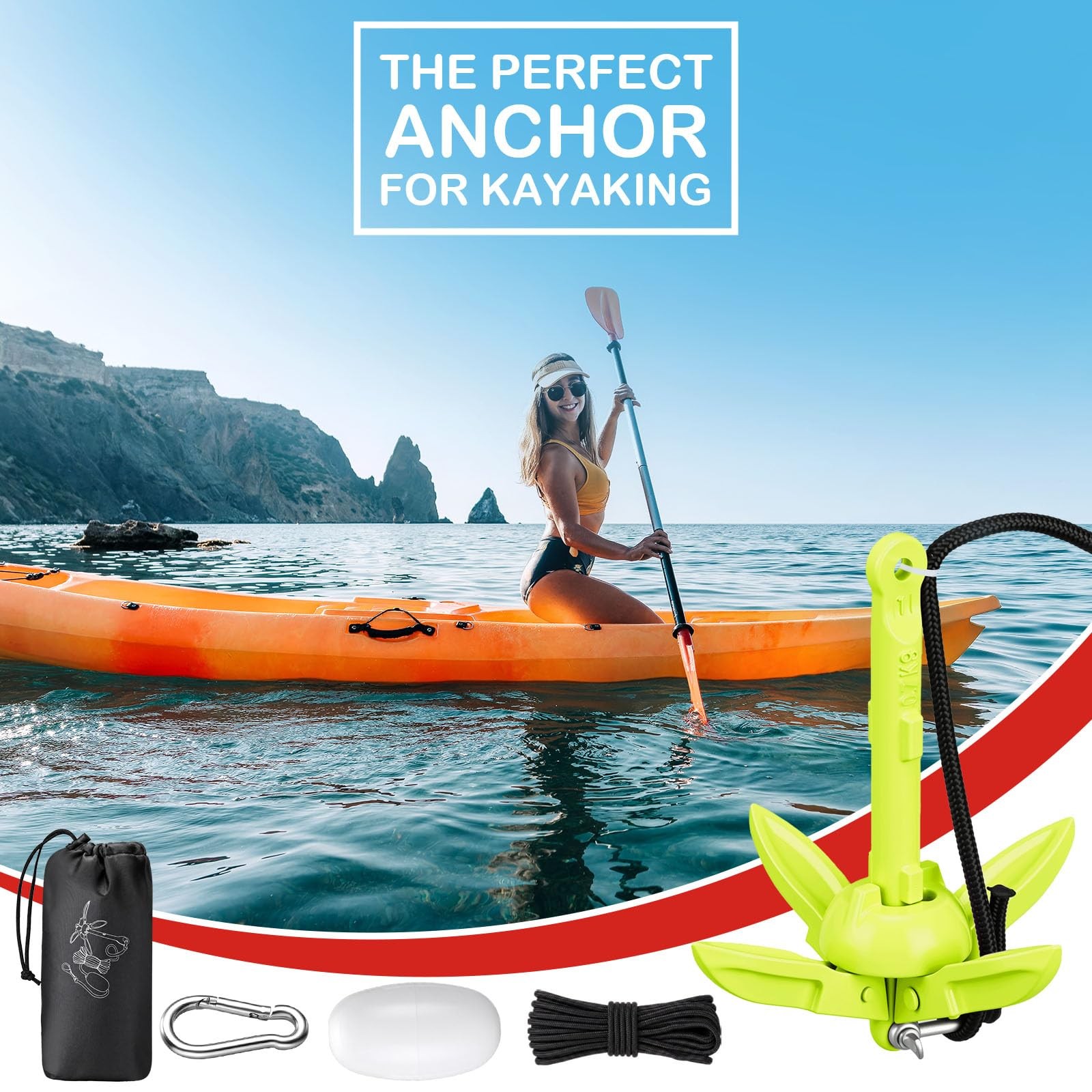 1 Pack 1.5/3.5 lb Marine Kayak Anchor Kit with 40ft Rope and Buoy Folding Gra…