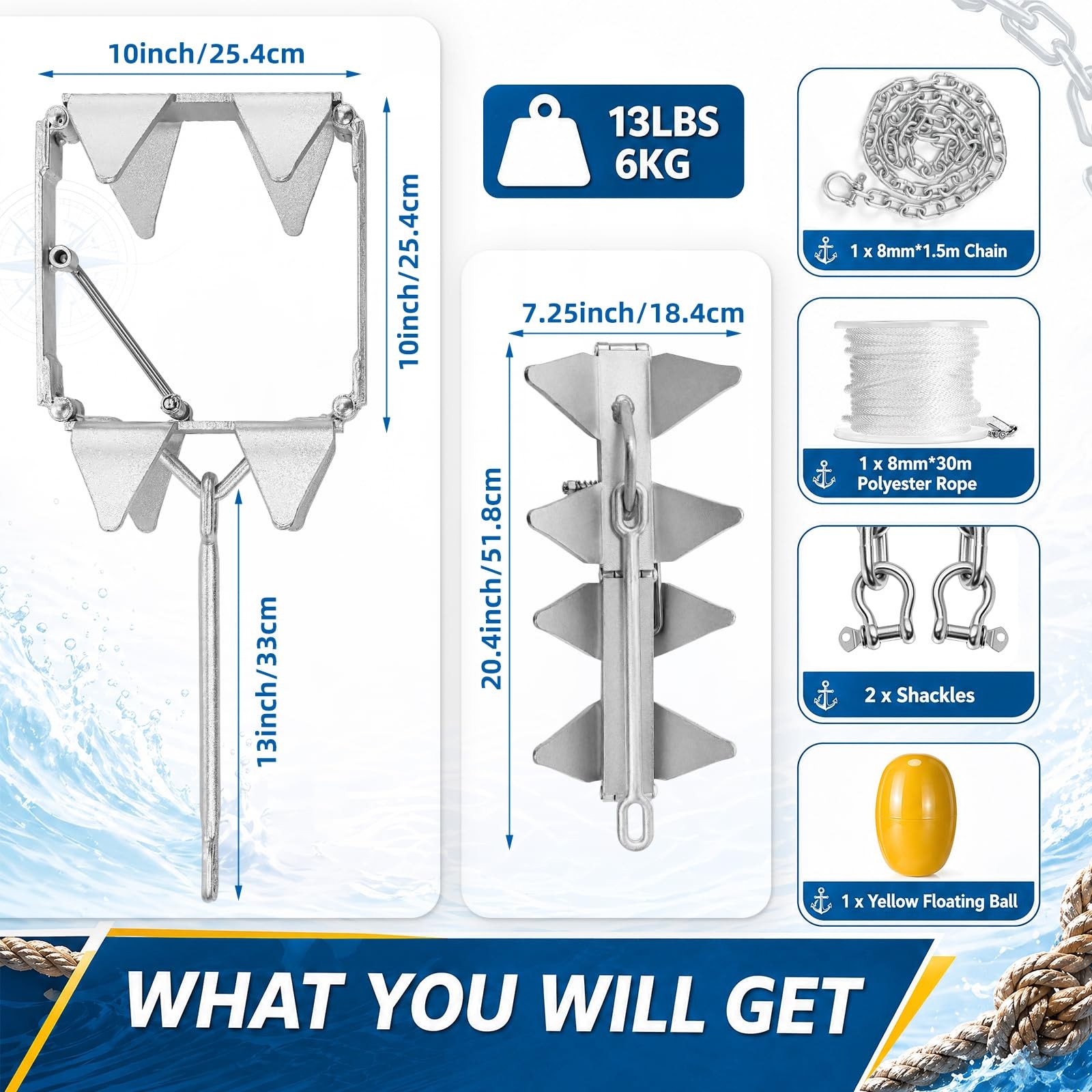 4 Pcs 13lb Galvanized Steel Cube Boat Anchor Kit with Anchor Chain, Rope and …