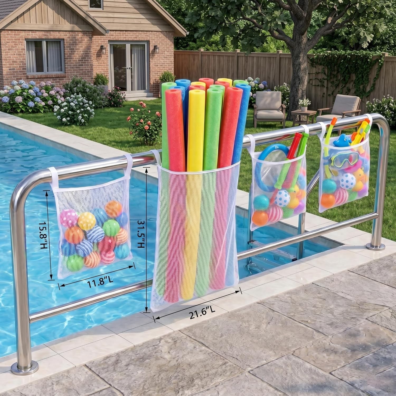 Poolside Perfection! 4-Pack Poolside Mesh Storage Bags with Adjustable Straps…