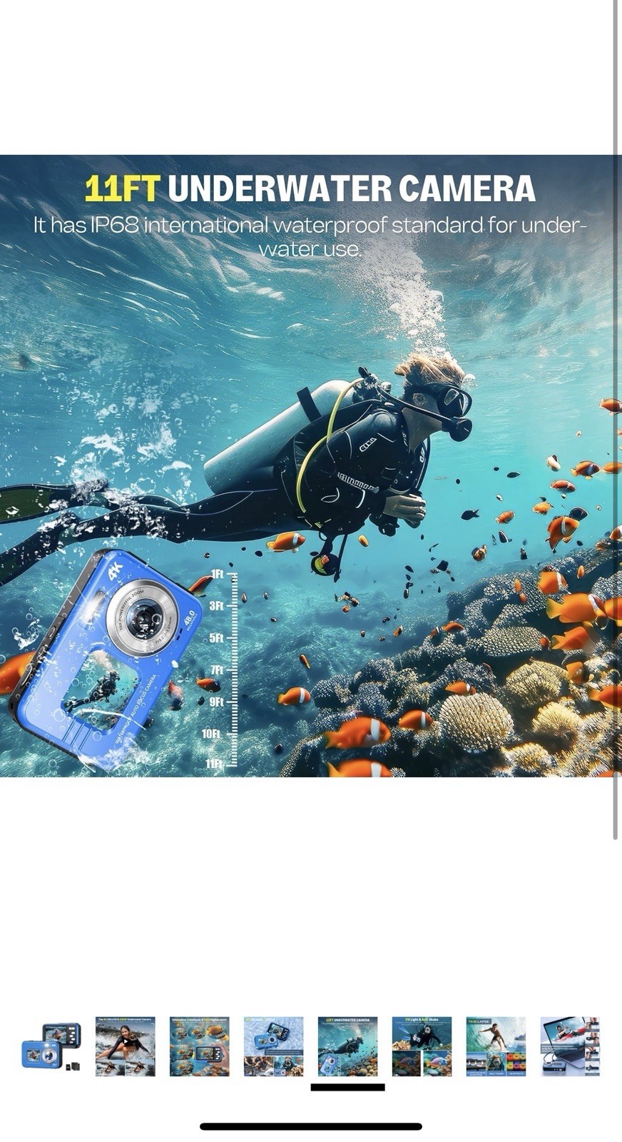 Underwater Camera, Selfie Dual Screens 4K 48MP 11FT Autofocus Waterproof Blue