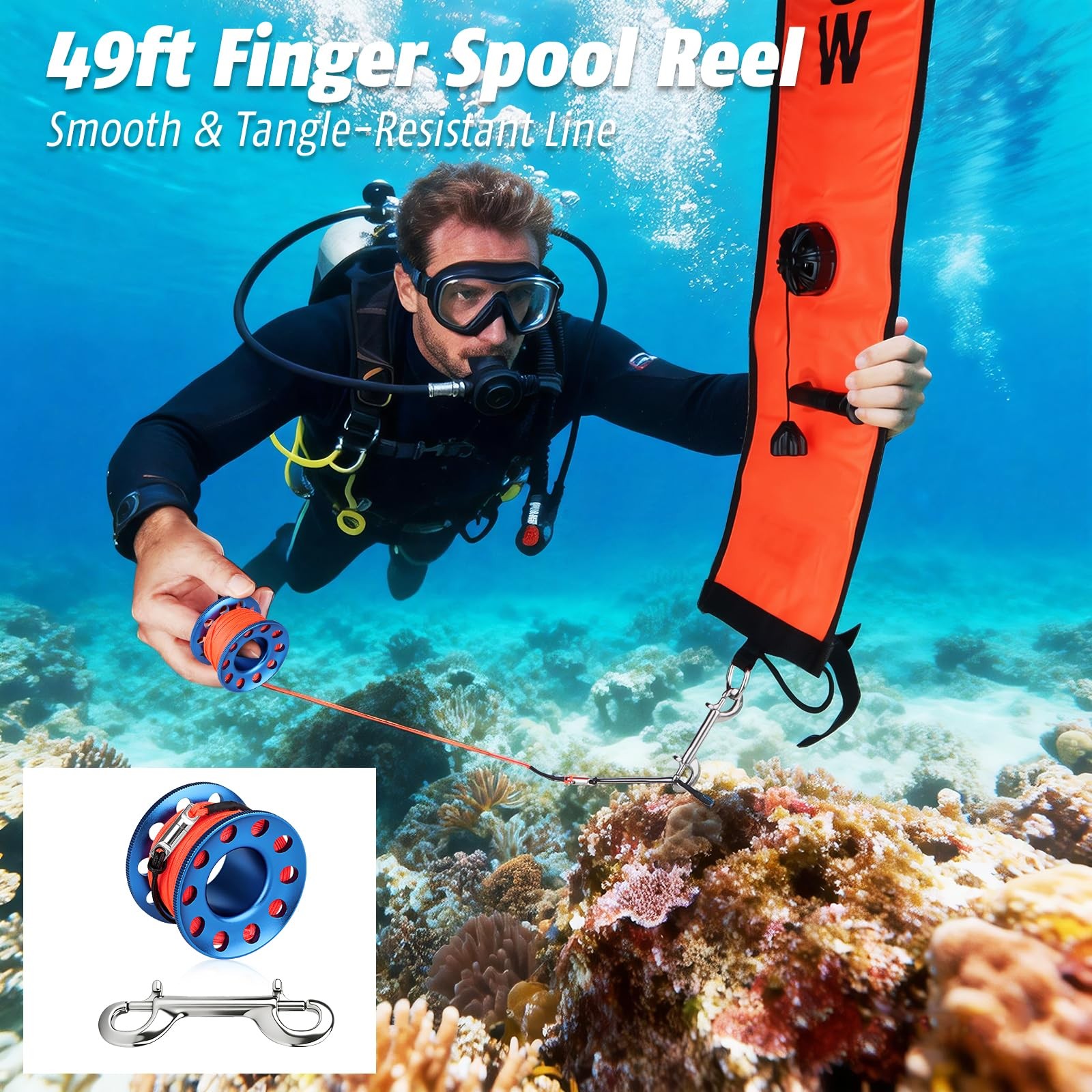 Scuba Diving SMB Kit, 4FT DSMB Surface Marker Buoy, 49ft Finger Spool Reel+Bo…