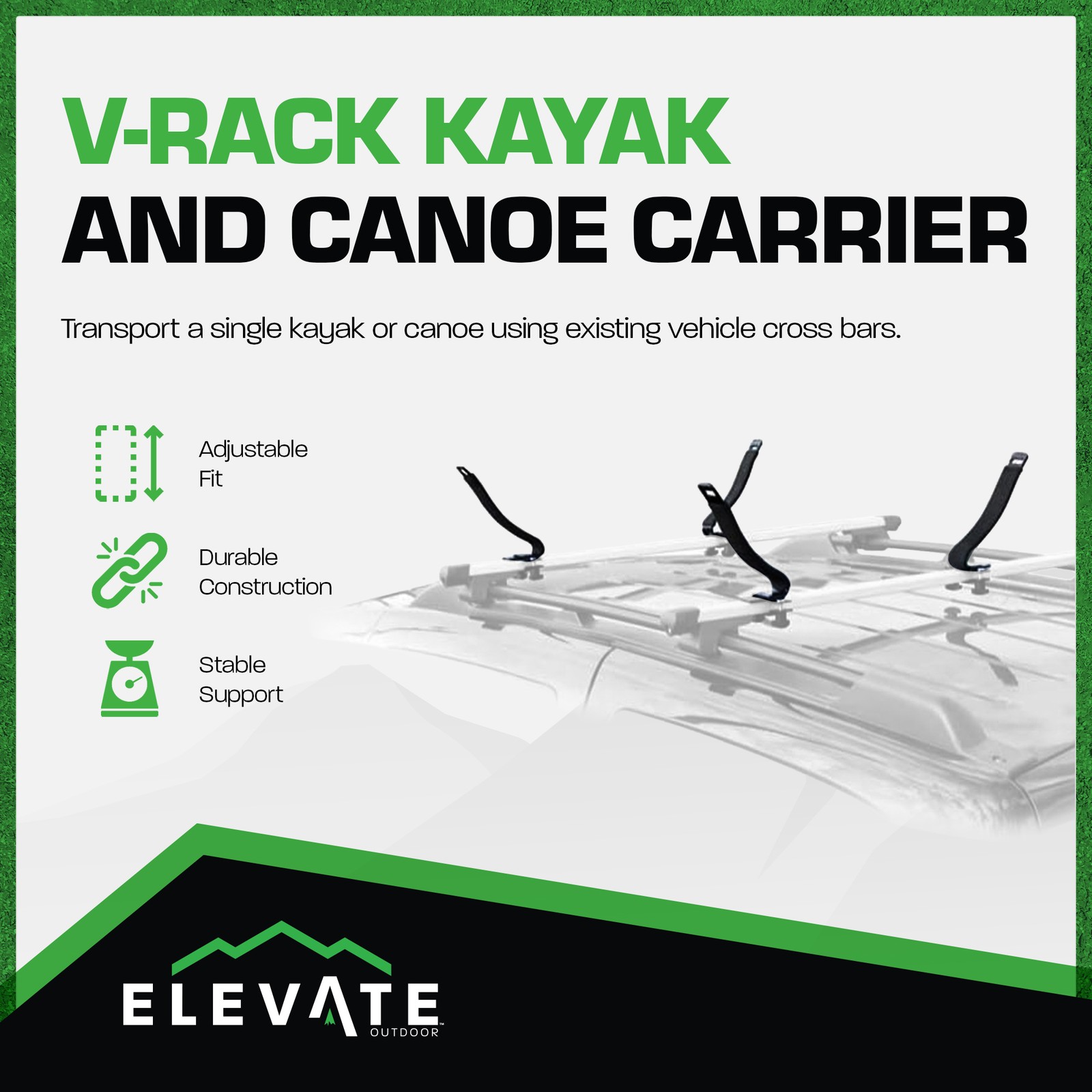 Elevate Outdoor V-Rack Single Kayak or Canoe Carrier Roof Rack with Support Bars